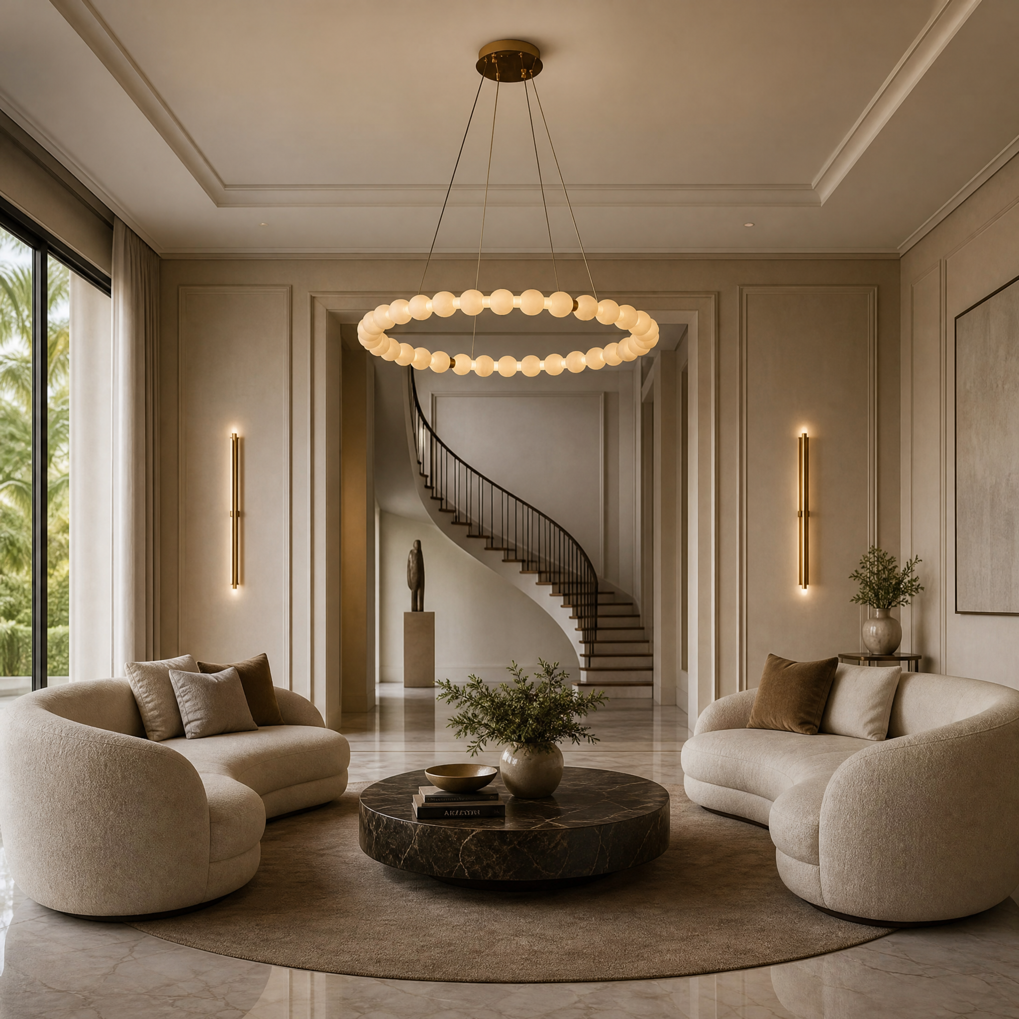 VORELLI Orbella Marble Circular Chandelier casting a soft ambient glow over an elegant residential living room setup.