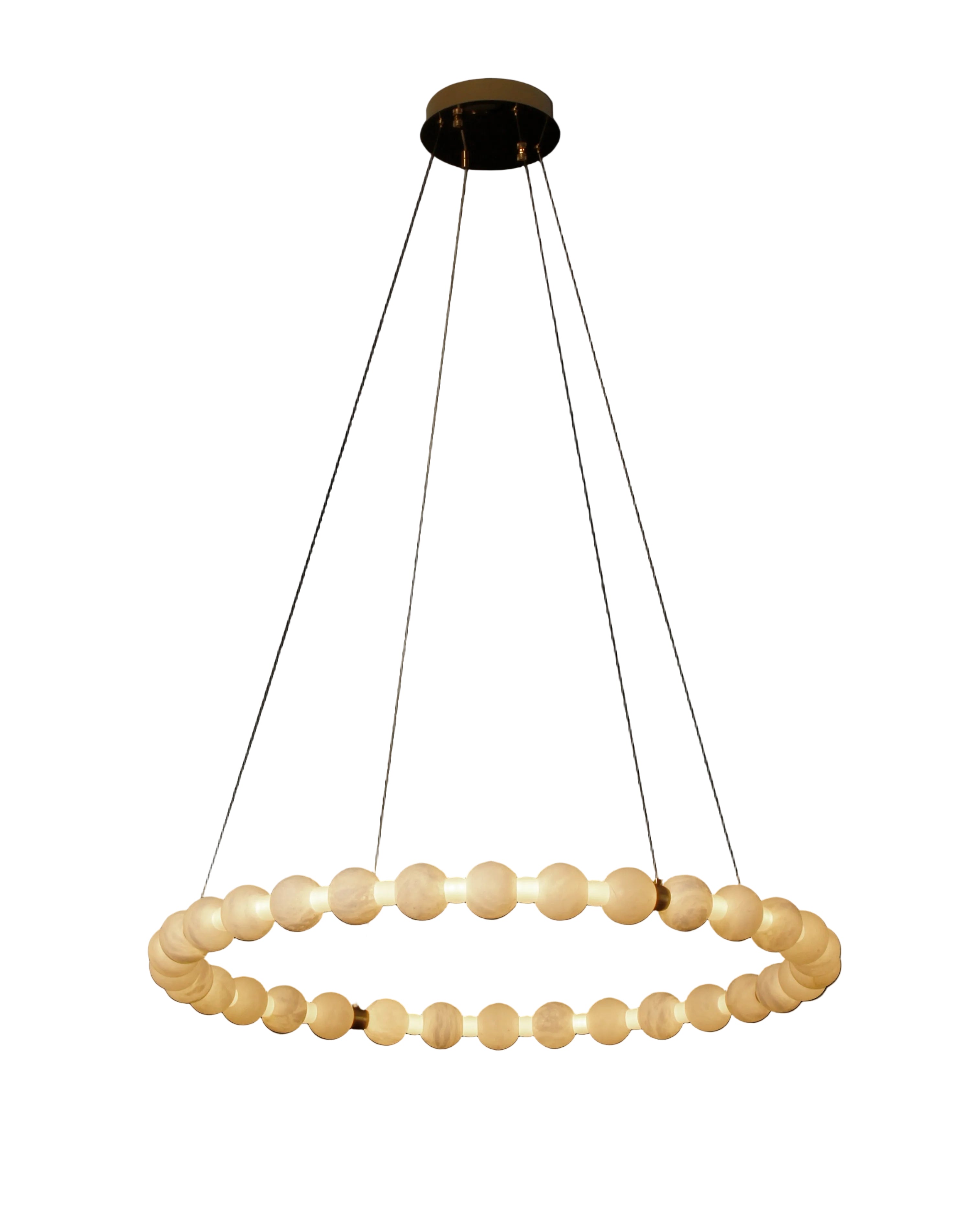 VORELLI® Orbella marble circular chandelier featuring smooth marble spheres arranged in illuminated ring formation on white background