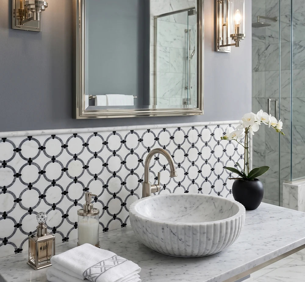 Oriental White Black Jade Waterjet Marble Mosaic Tile by VORELLI®