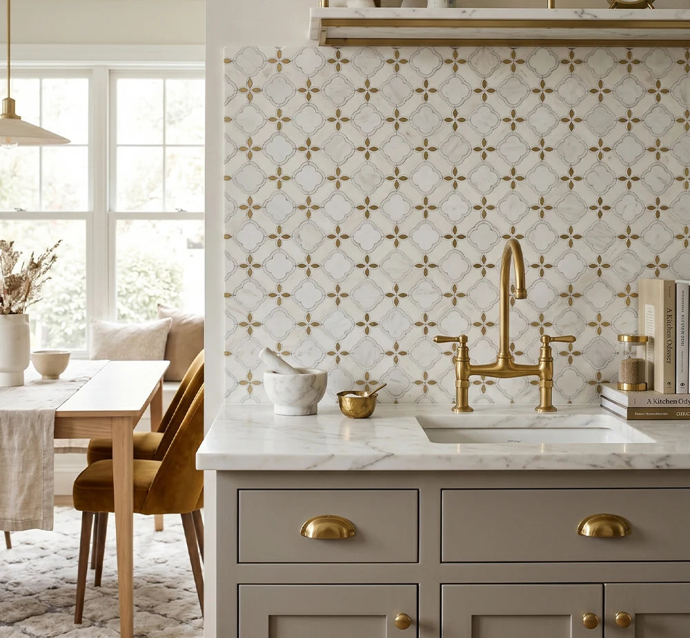 Oriental White Brass Design Waterjet Marble Mosaic Tile by VORELLI®