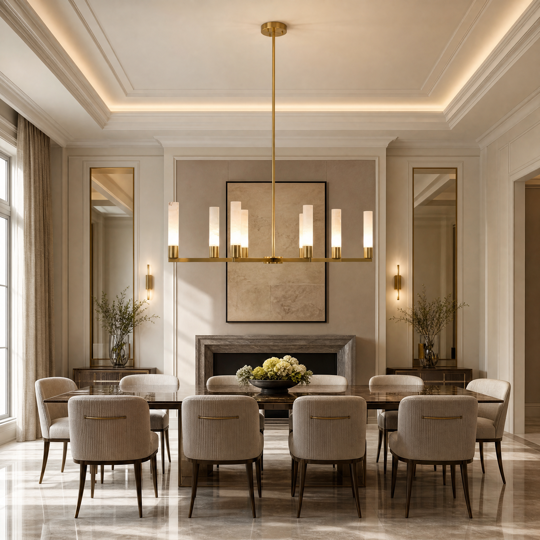 VORELLI Oritano rectangular Spanish alabaster chandelier casting a warm, industrial luxury glow over a contemporary residential dining room setting.