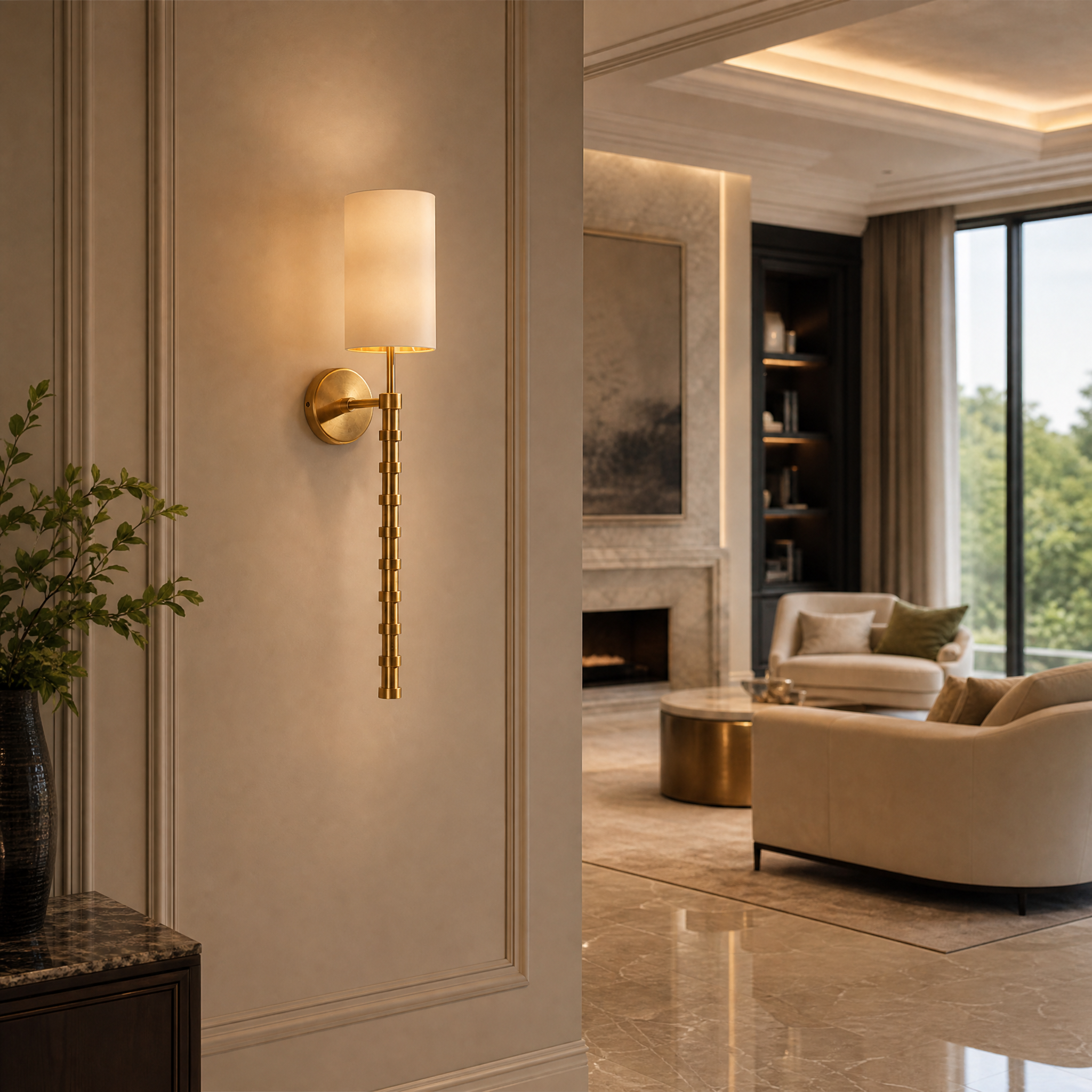 The Vorelli Orsini wall light installed in a luxury residential living room, showcasing its sleek linear stem and elegant fabric shade complementing high-end decor.