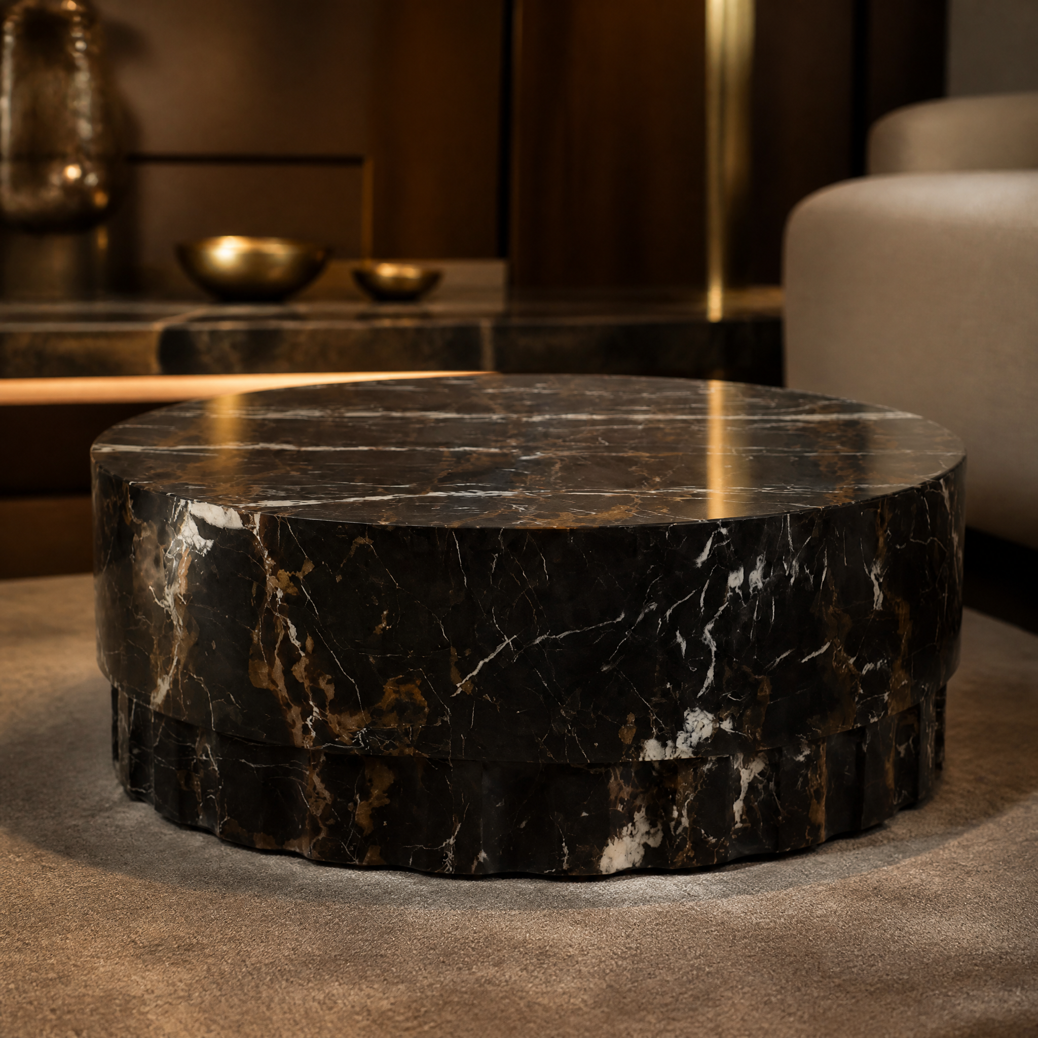 Detailed closeup of the honed marble surface on the Orvieto coffee table, showcasing the unique veins of black, brown, and gold natural stone.