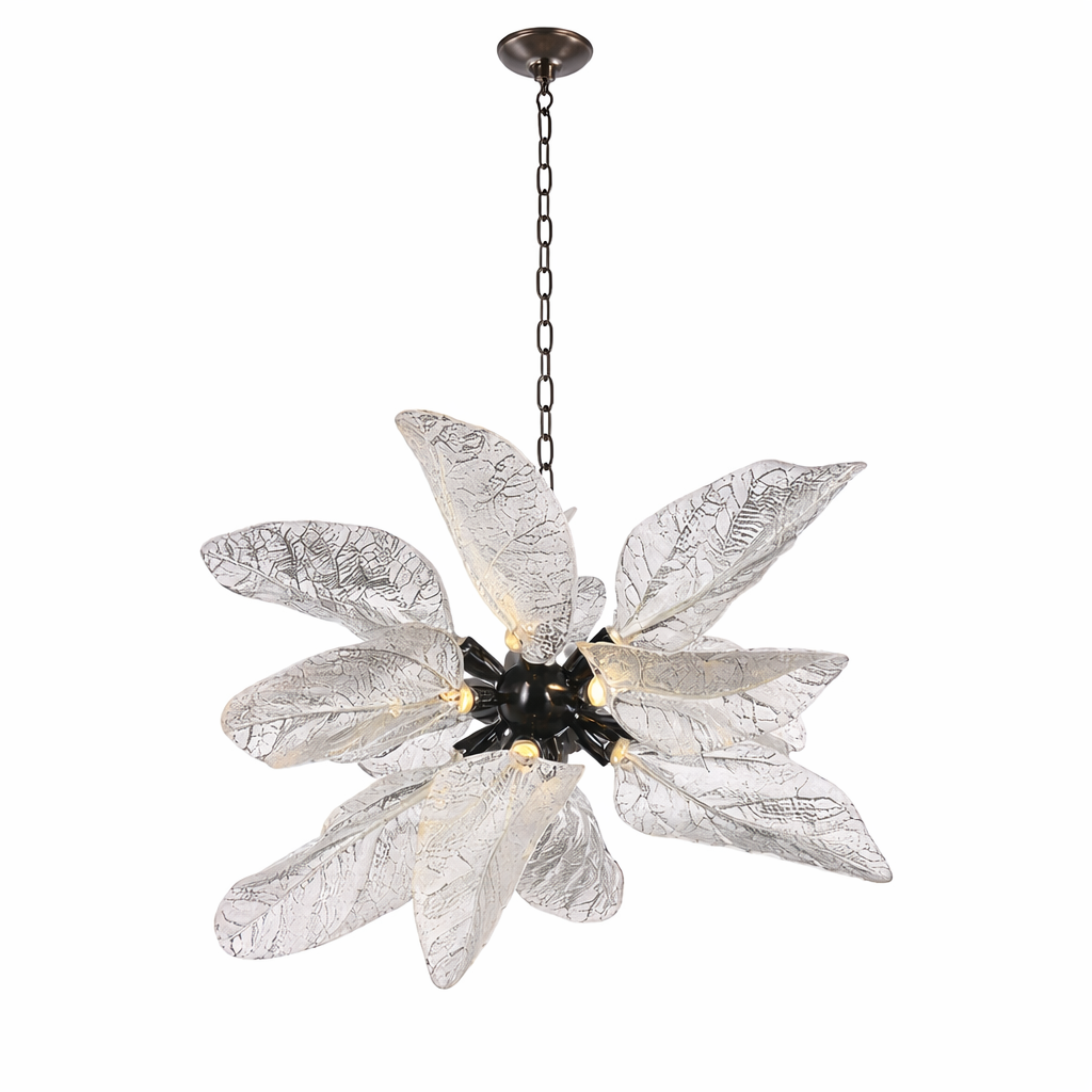 VORELLI® Ottobre pendant light featuring sculpted textured glass leaves arranged in floral formation on white background