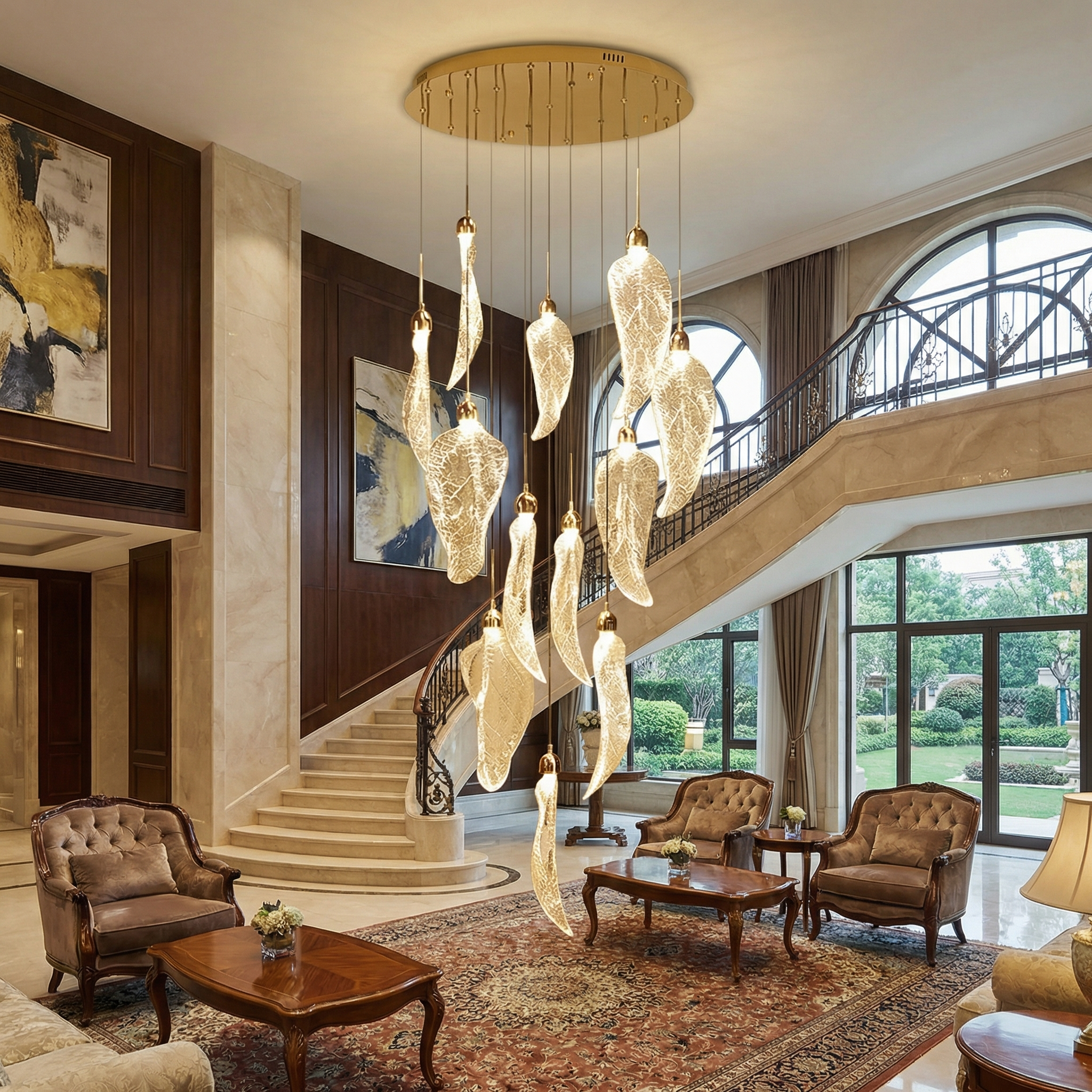 VORELLI® Ottobre pendant staircase chandelier with sculptural crystal glass drops illuminating a modern luxury stairwell interior