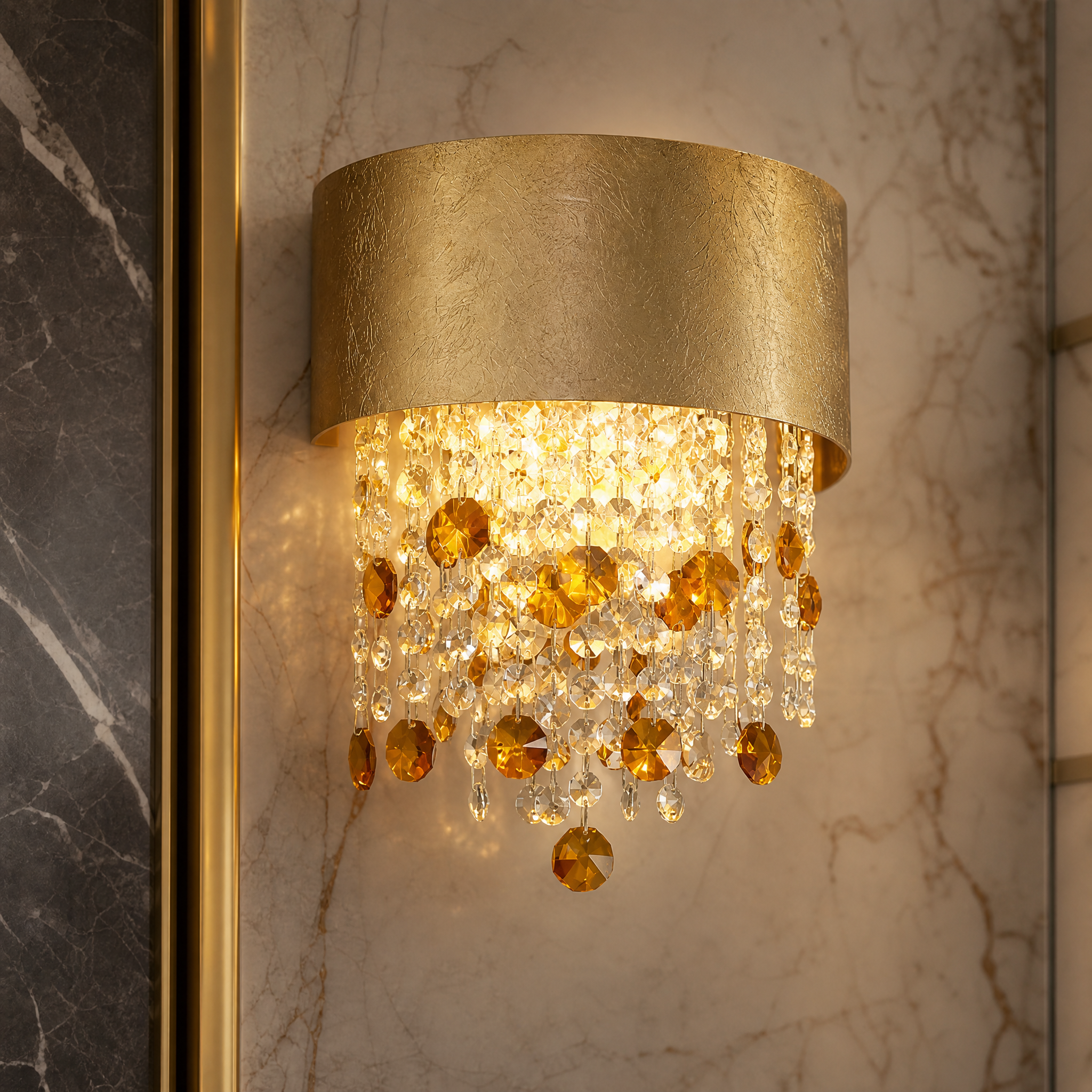Macro closeup of the Owensboro wall light highlighting the textured gold foil design and diamond cut octagon crystal chains.