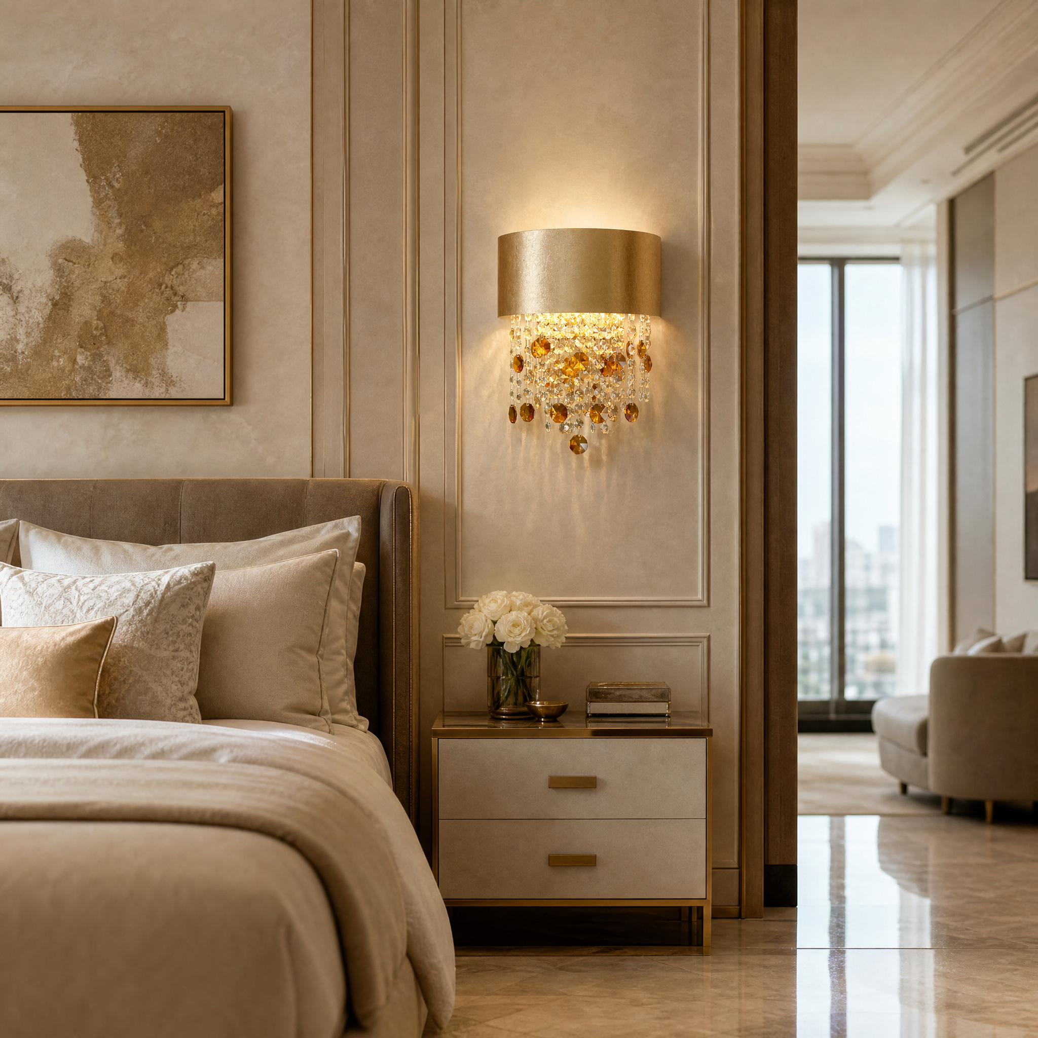 VORELLI Owensboro luxury wall light illuminating a sophisticated residential living room with gold foil details.