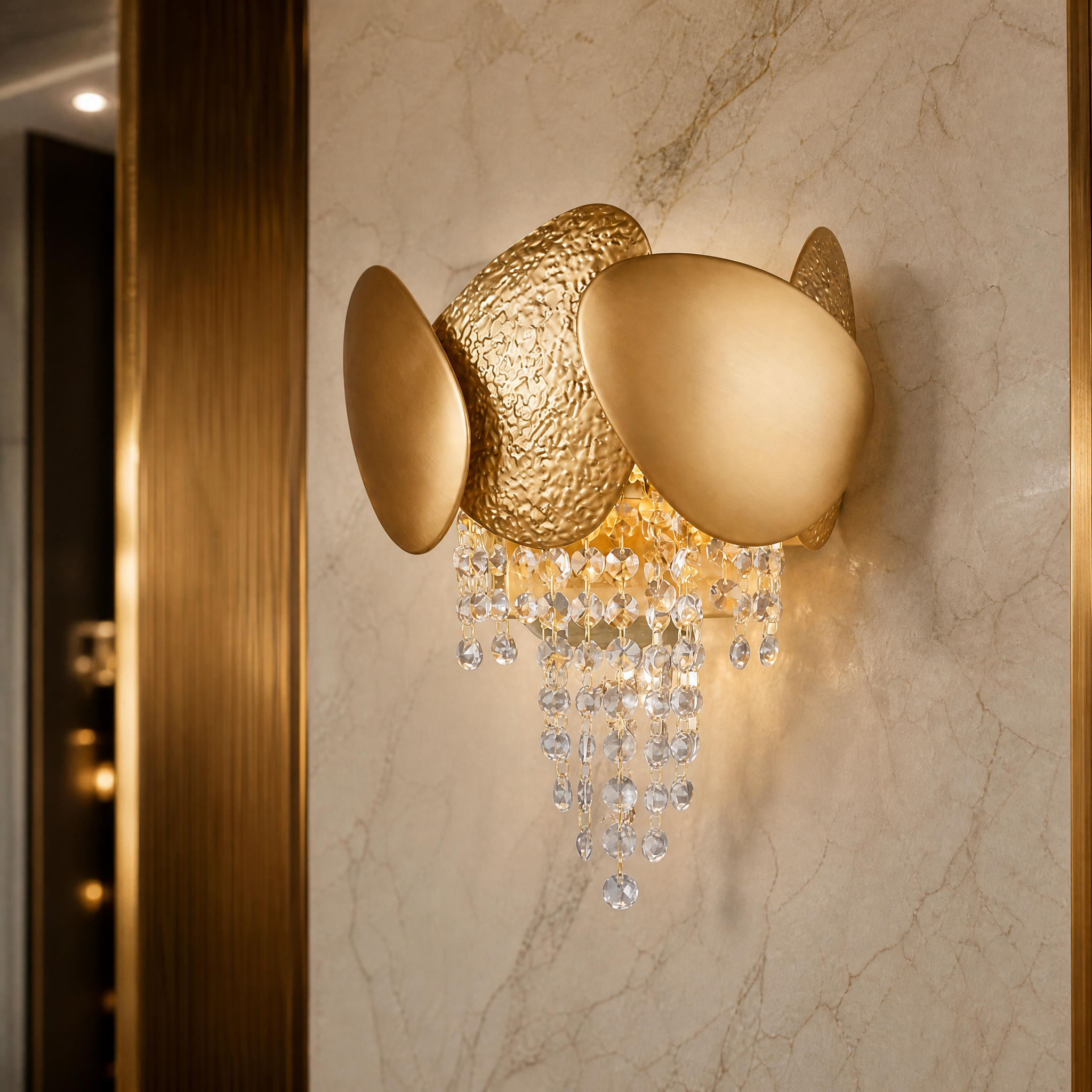 Macro closeup of the VORELLI Palatino Wall Light, showcasing the textured stainless steel finish and detailed diamond cut octagon crystal chain.