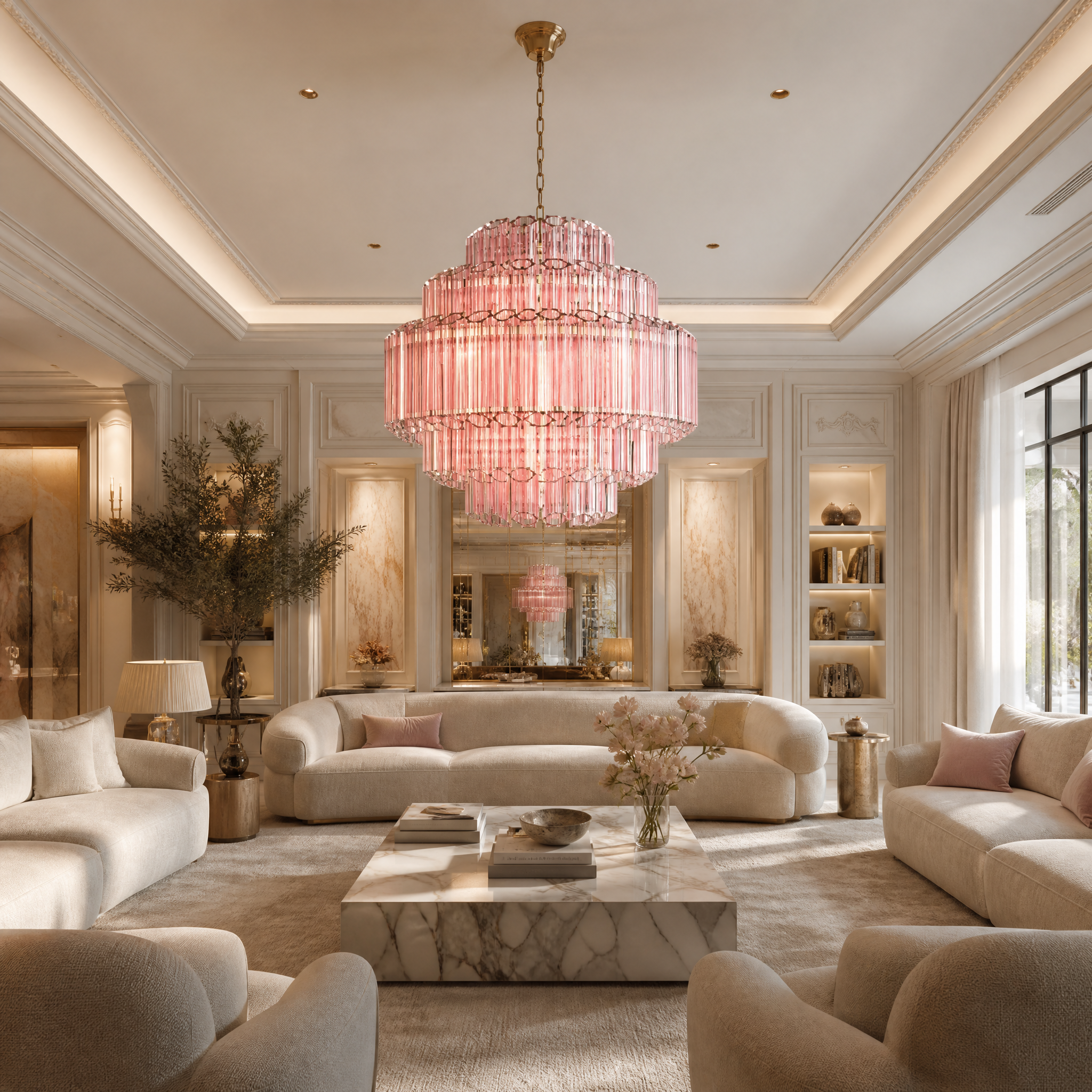 VORELLI Palermino circular chandelier featuring pink hexagonal glass tubes in a modern residential living room setting.