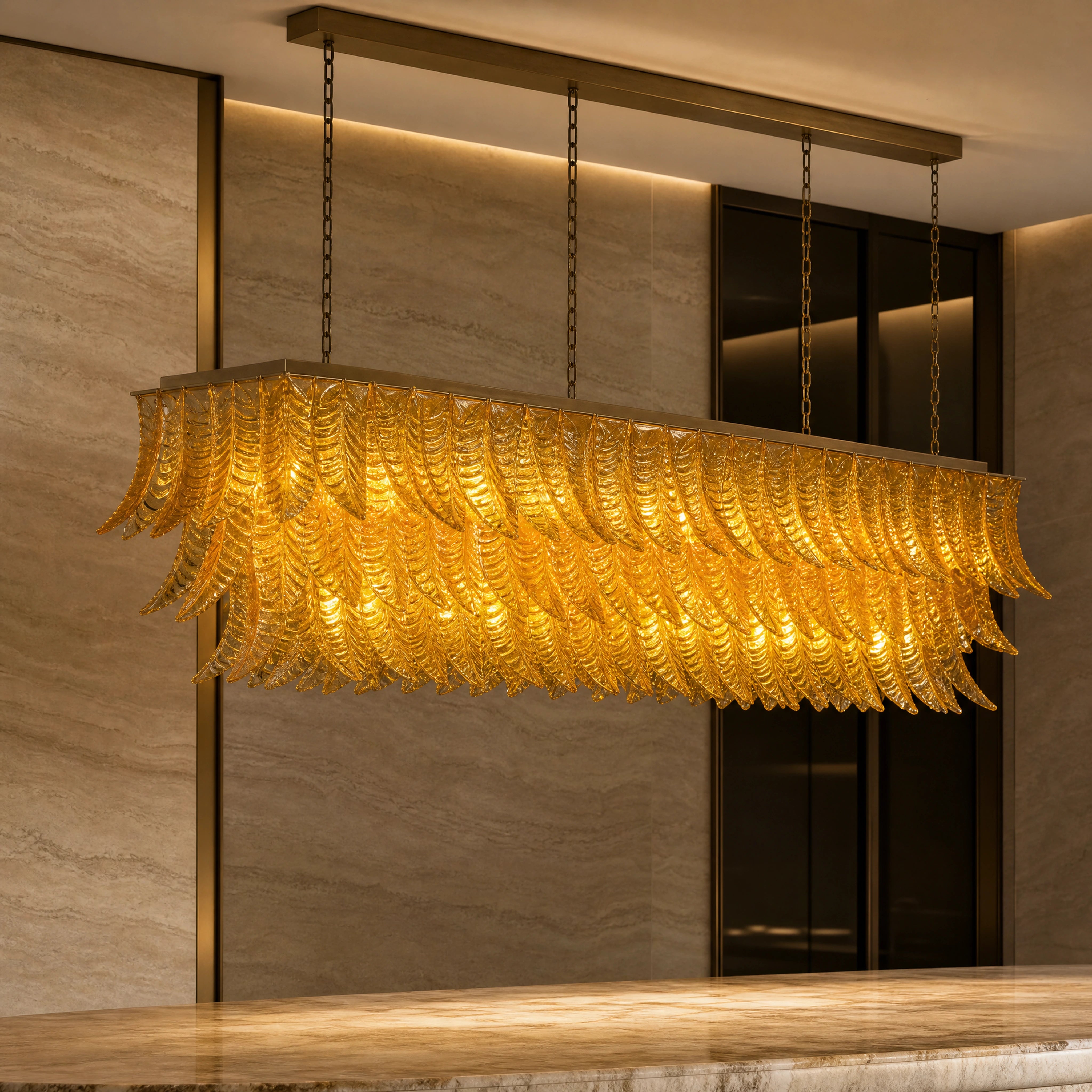 Palermo Felci Murano Glass Rectangular Chandelier close-up luxury lifestyle hero image by VORELLI