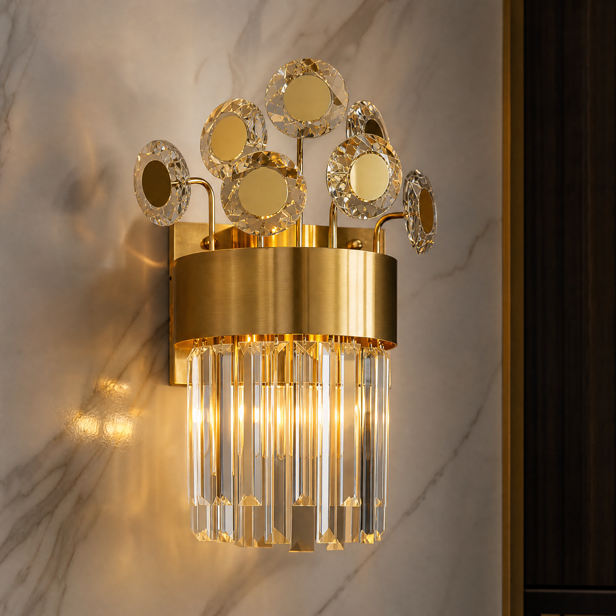 Detailed macro view of the Patara Wall Light II, showcasing the diamond cut crystal discs and precision-crafted stainless steel band frame.