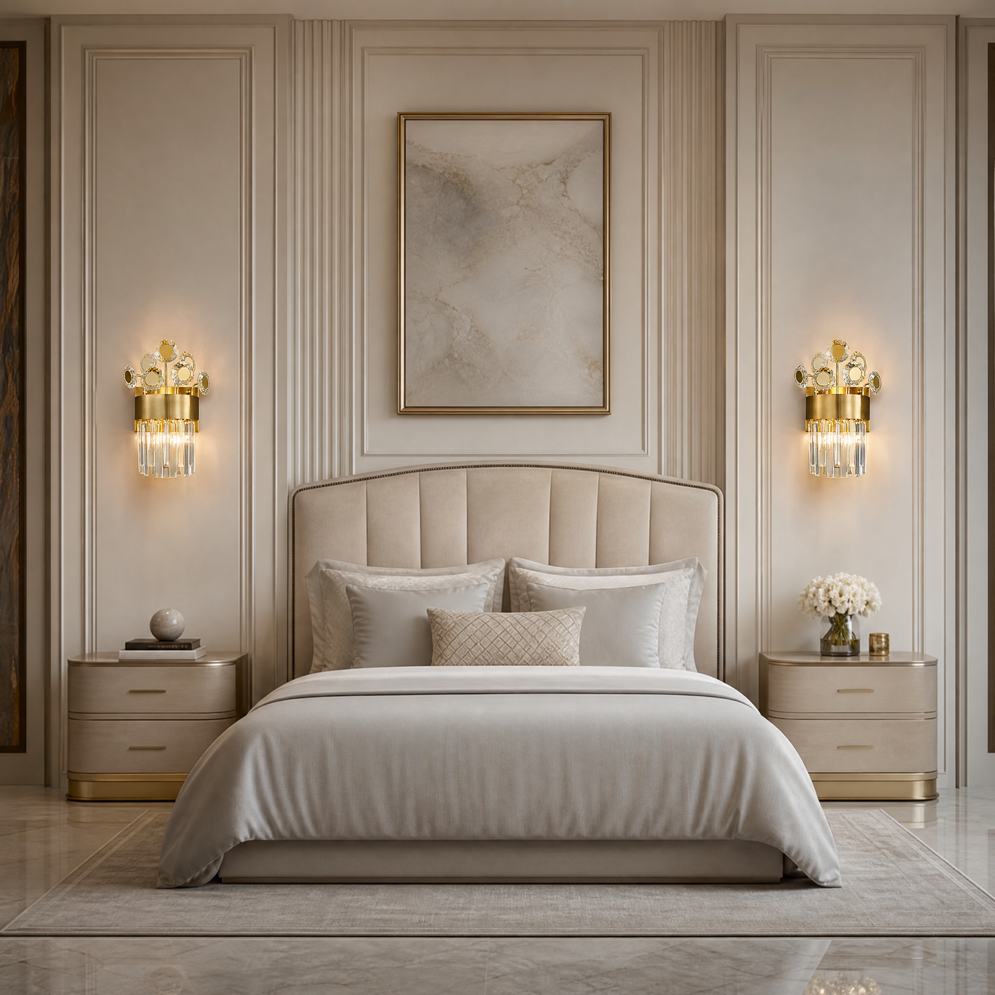 VORELLI Patara Wall Light II installed in a contemporary luxury living room, radiating a warm and sophisticated glow.