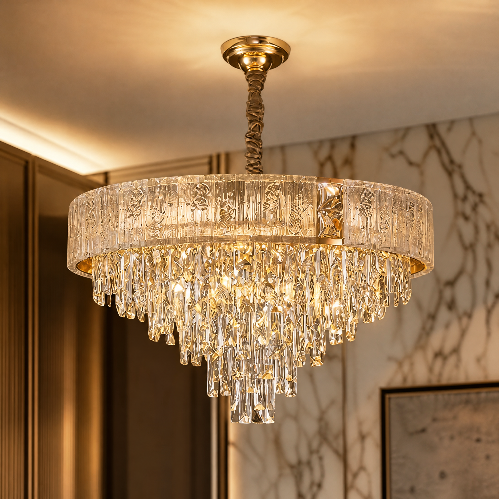 A detailed macro shot of the Patrizio Chandelier, showcasing the cracked crystal top perimeter and cascading diamond-cut rectangle crystals.