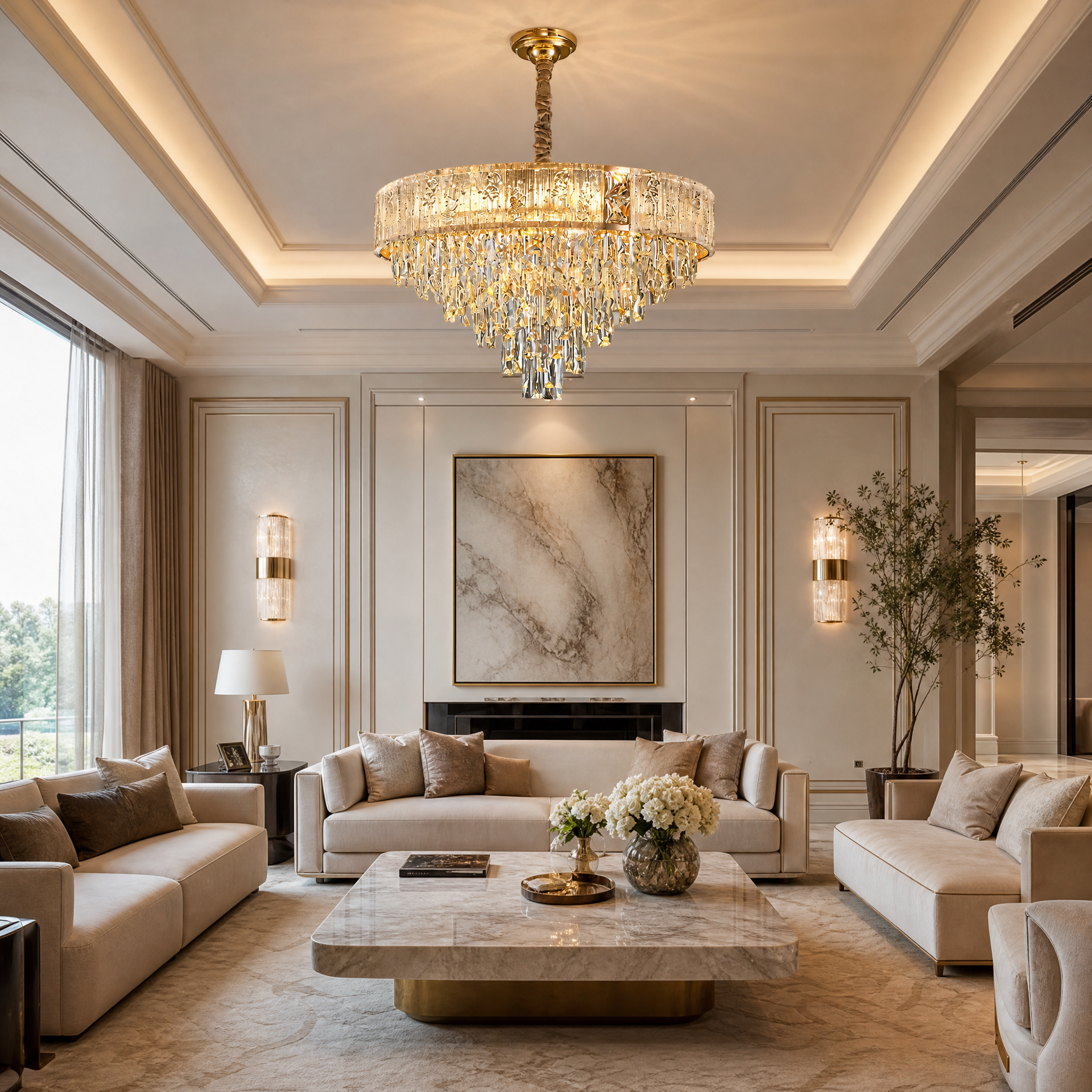 The VORELLI Patrizio Circular Chandelier installed in a luxury residential living room, blending timeless sophistication with modern grand interior design.
