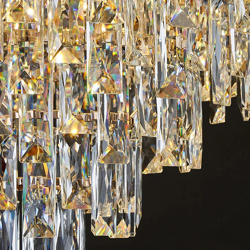 Detailed view of cascading diamond cut rectangular crystals on VORELLI® Patrizio chandelier