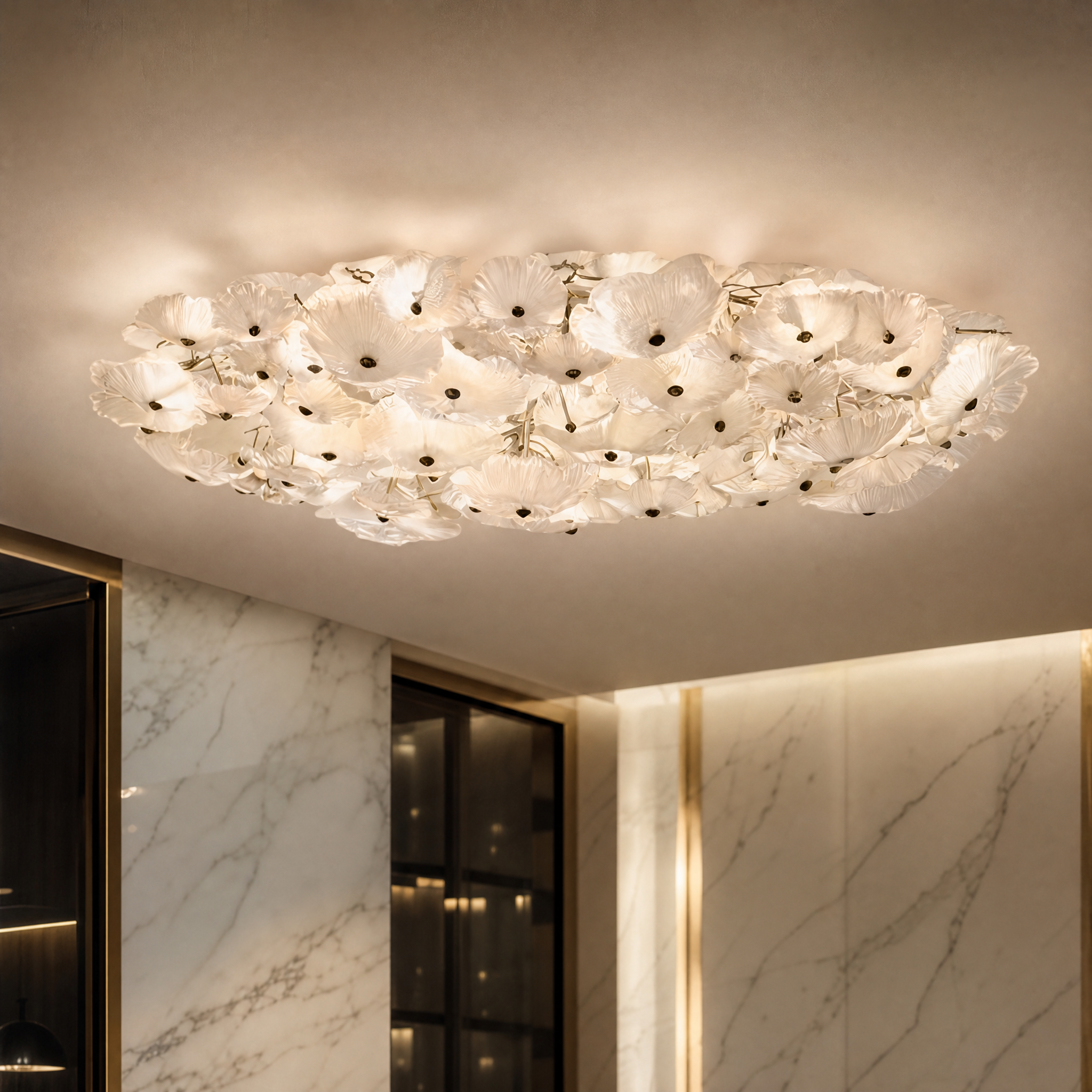 Closeup view of the sculpted glass leaf forms and intricate organic cluster design of the VORELLI Penny Leaf Ceiling Light, highlighting refined details and light diffusion.