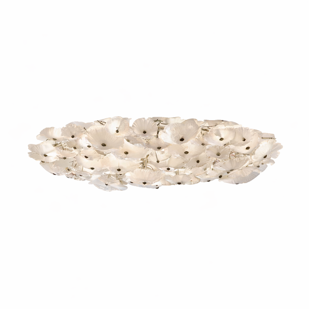 VORELLI Penny Leaf Ceiling Light glowing softly, showcasing its elegant glass leaf composition and warm, diffused light in a sophisticated setting.