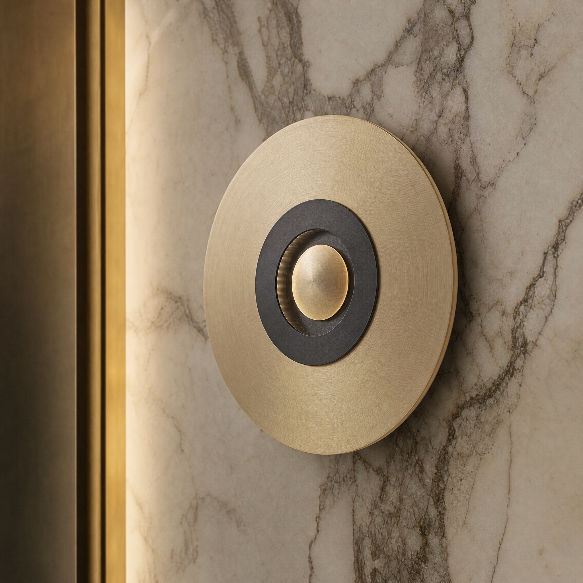 Closeup of the VORELLI Piatto Series wall light, showcasing the refined composition of its sculptural decorative discs and premium finish.
