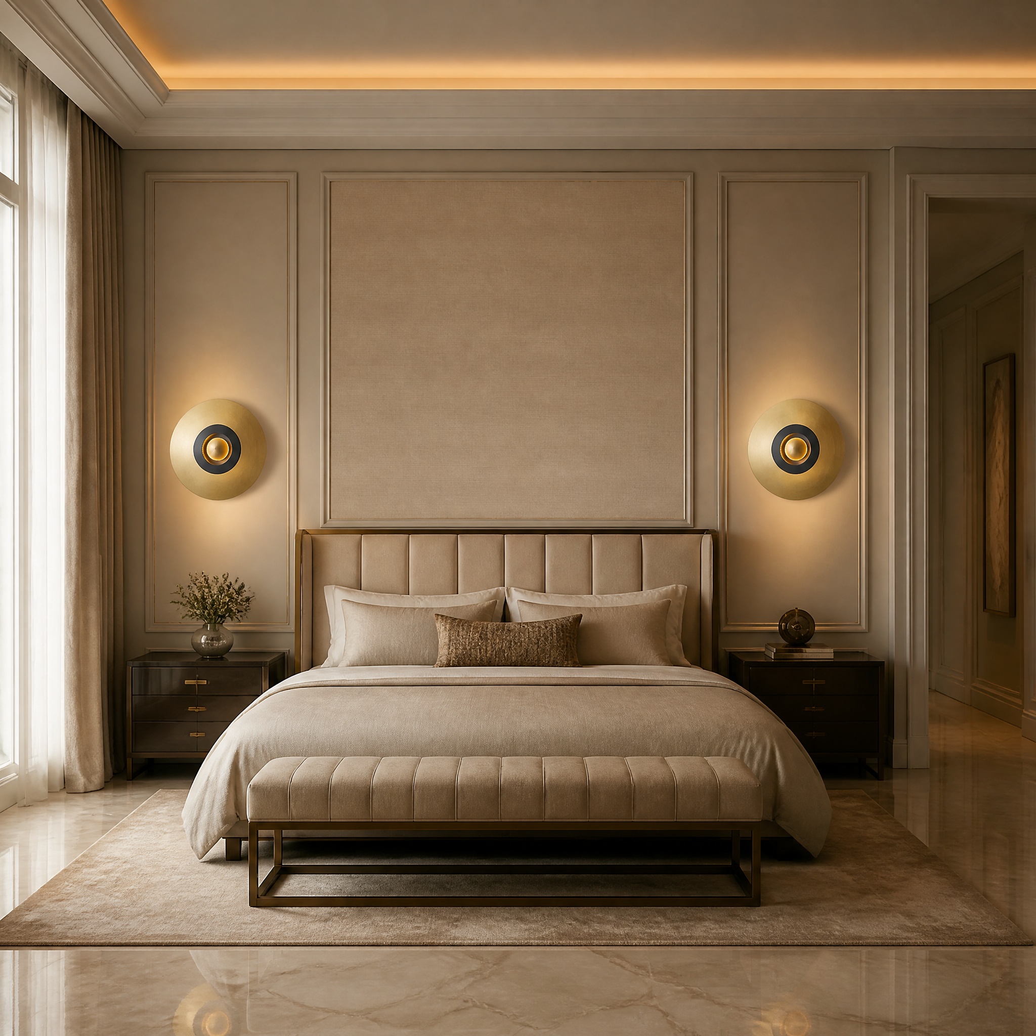 VORELLI Piatto Series wall light in a luxurious residential living room, emitting a soft architectural glow from its sculptural discs.
