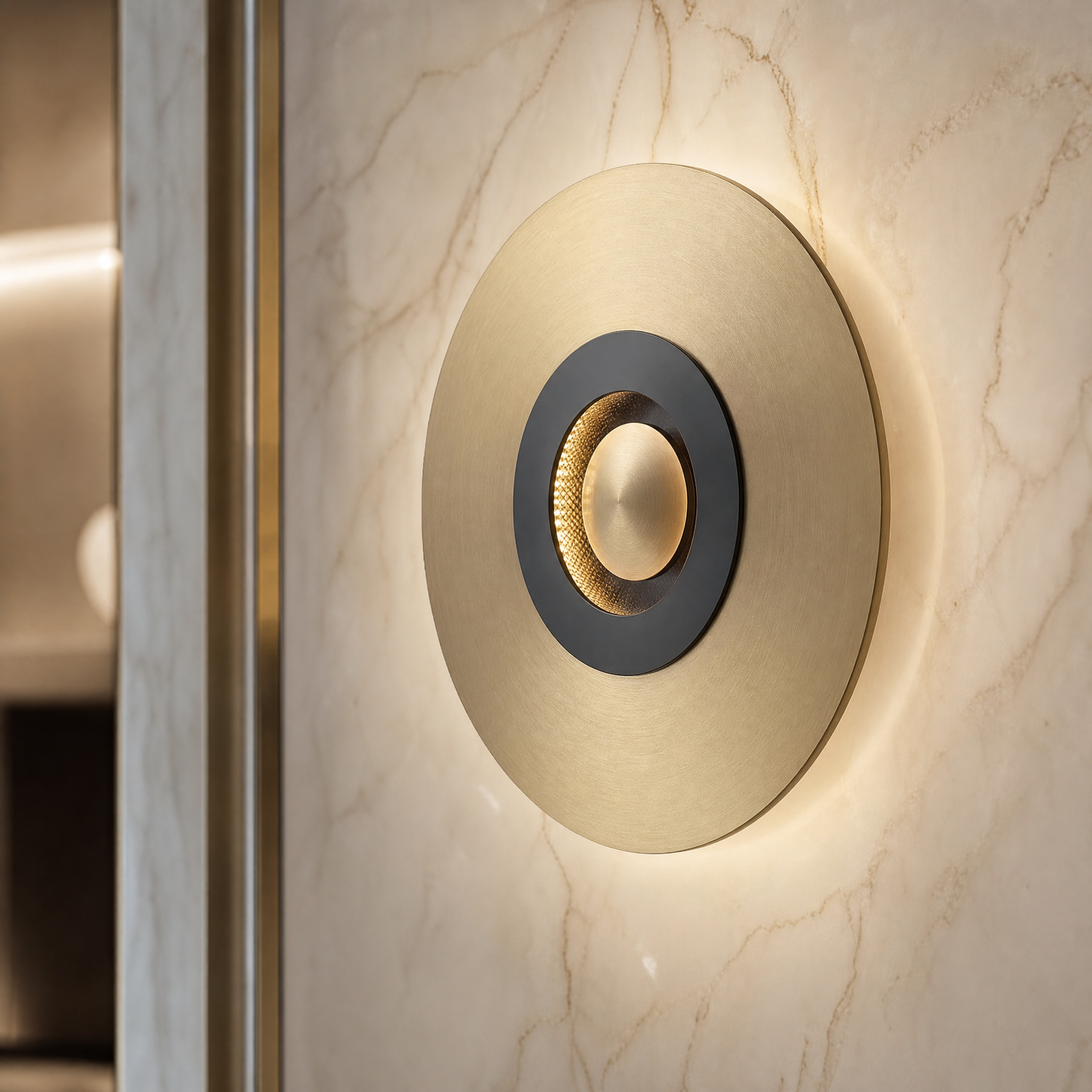 Macro close-up view of the elegant finish and sleek metallic plate discs of the VORELLI Piatto wall light.