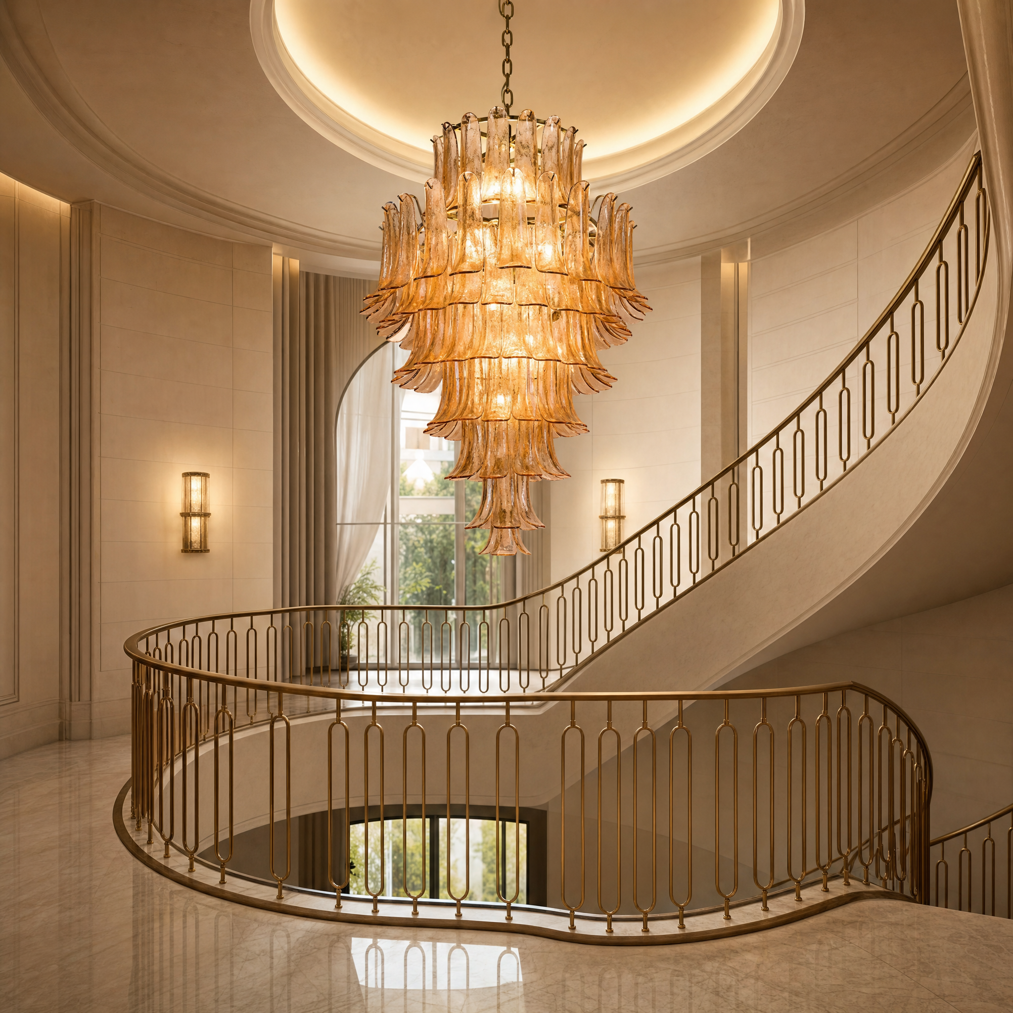 VORELLI Piccaro Grandeur tiered petal staircase chandelier suspended from a high ceiling in a sophisticated boutique hotel lobby, showcasing luxury hospitality lighting design.