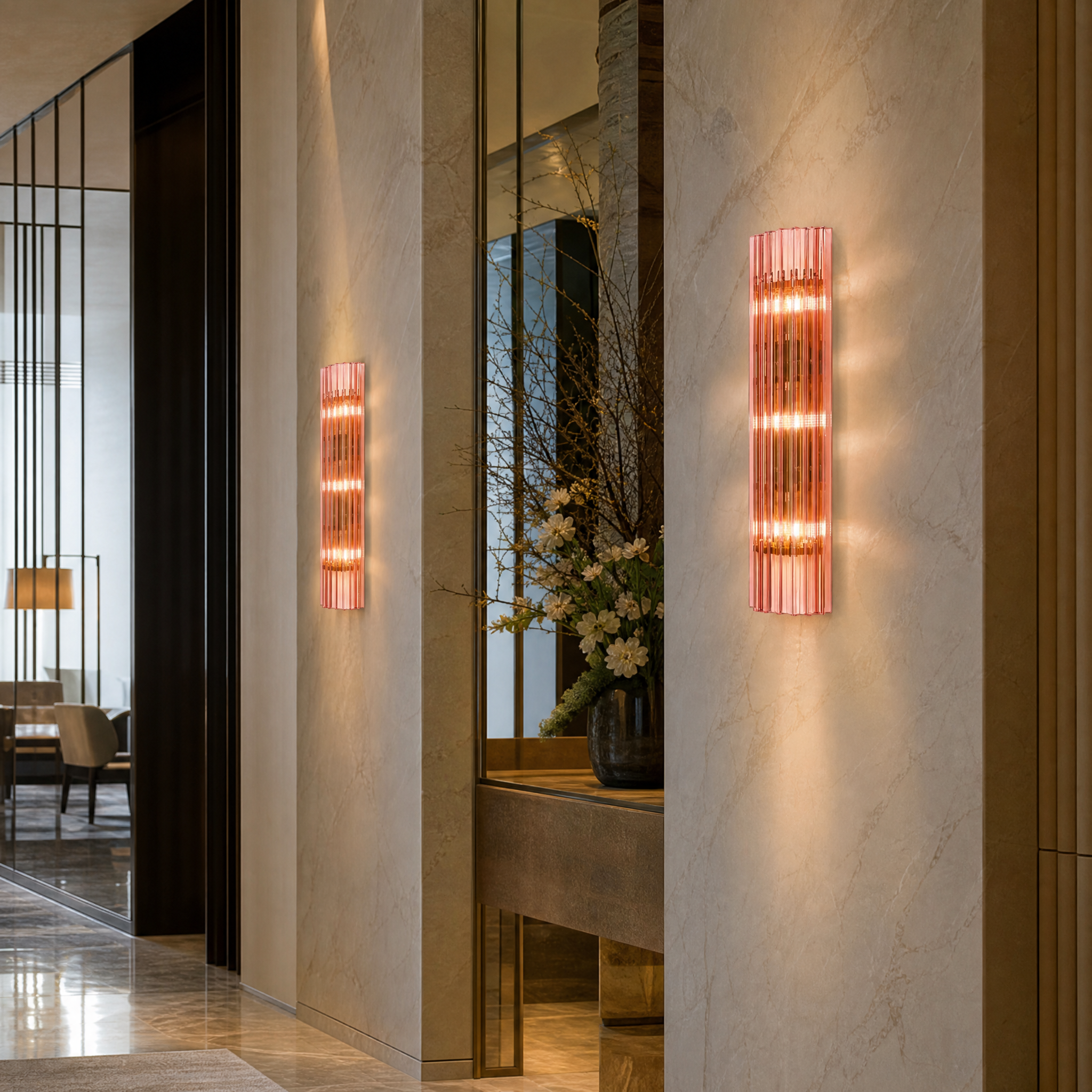 Pink Amarino IP44 long-format wall sconce adding glamorous 70s flair to a chic hotel corridor or boutique hospitality space.