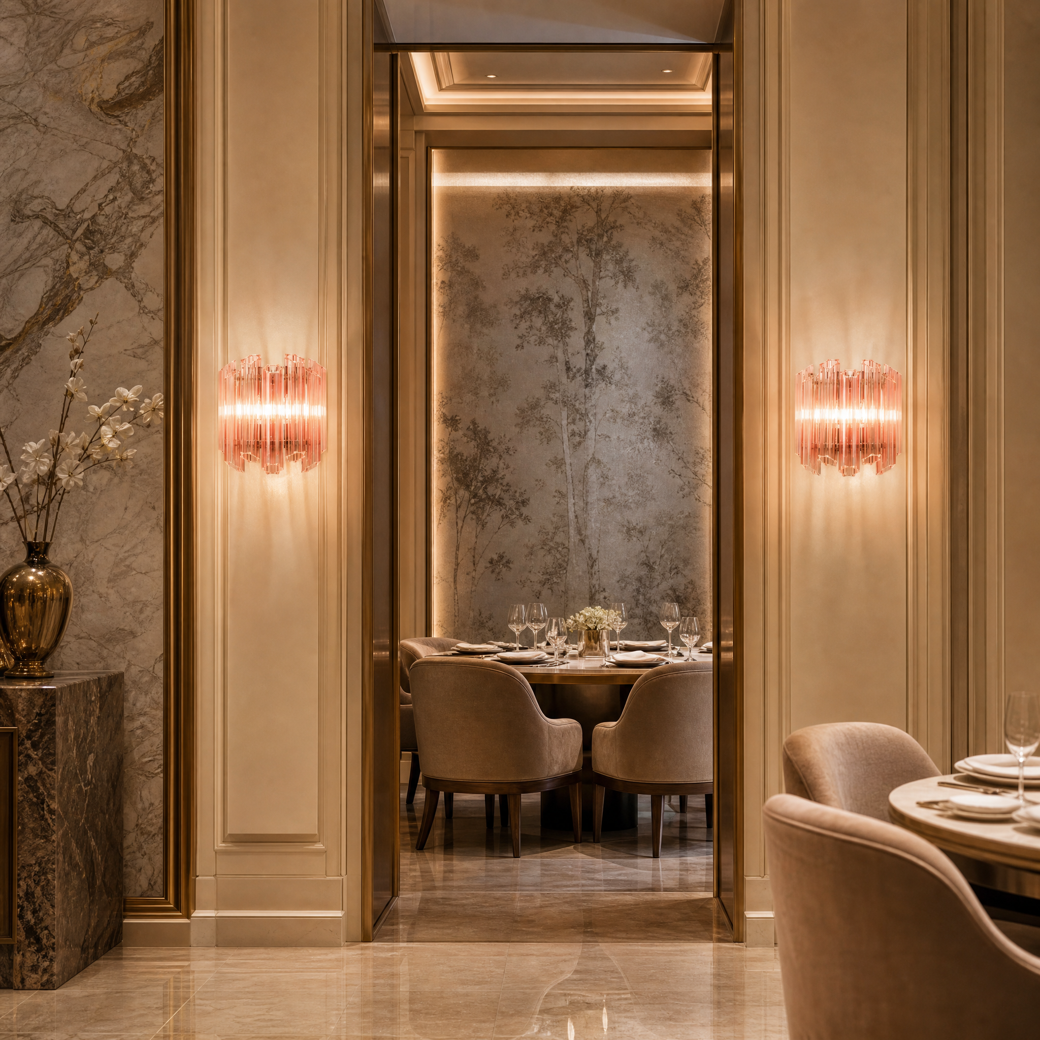 A sophisticated hospitality setting featuring the VORELLI Pink Palermino wall lamp casting an inviting glow in a luxury hotel lounge.