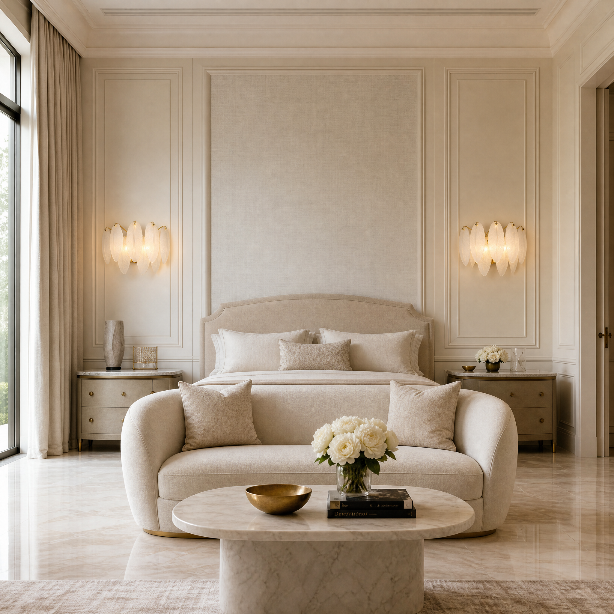 Luxury residential living room interior featuring the VORELLI Piuma crystal feather wall light for elegant ambient lighting.