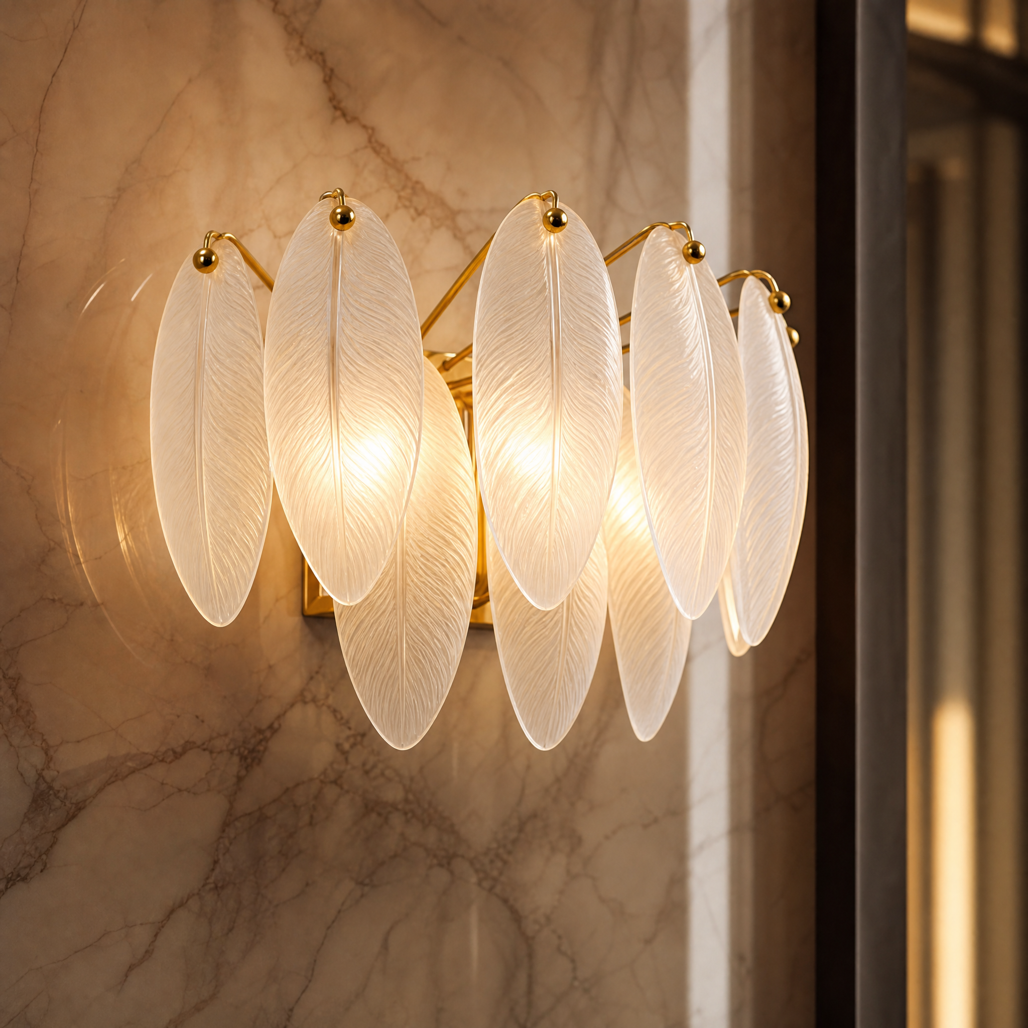 Macro closeup shot of the textured feather crystal glass detailing on the VORELLI Piuma designer wall light.