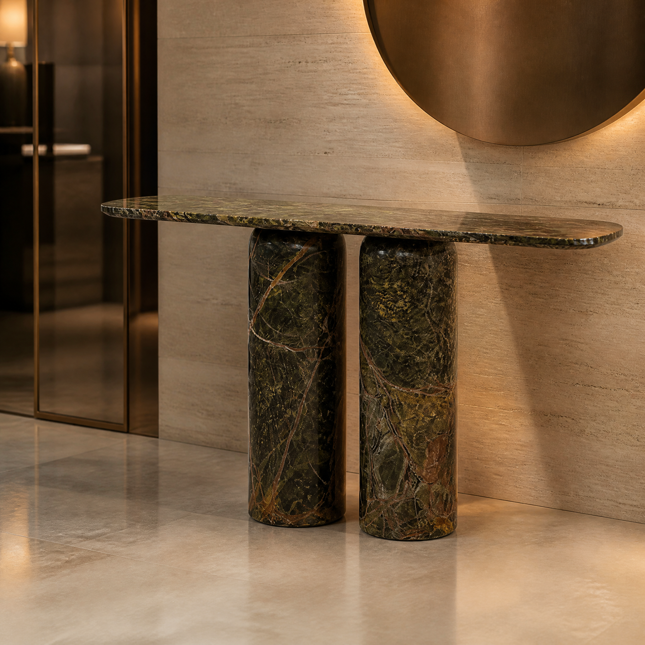 Detailed closeup shot showcasing the exquisite natural veining and premium honed finish of the VORELLI Posillano Forest Green marble console.