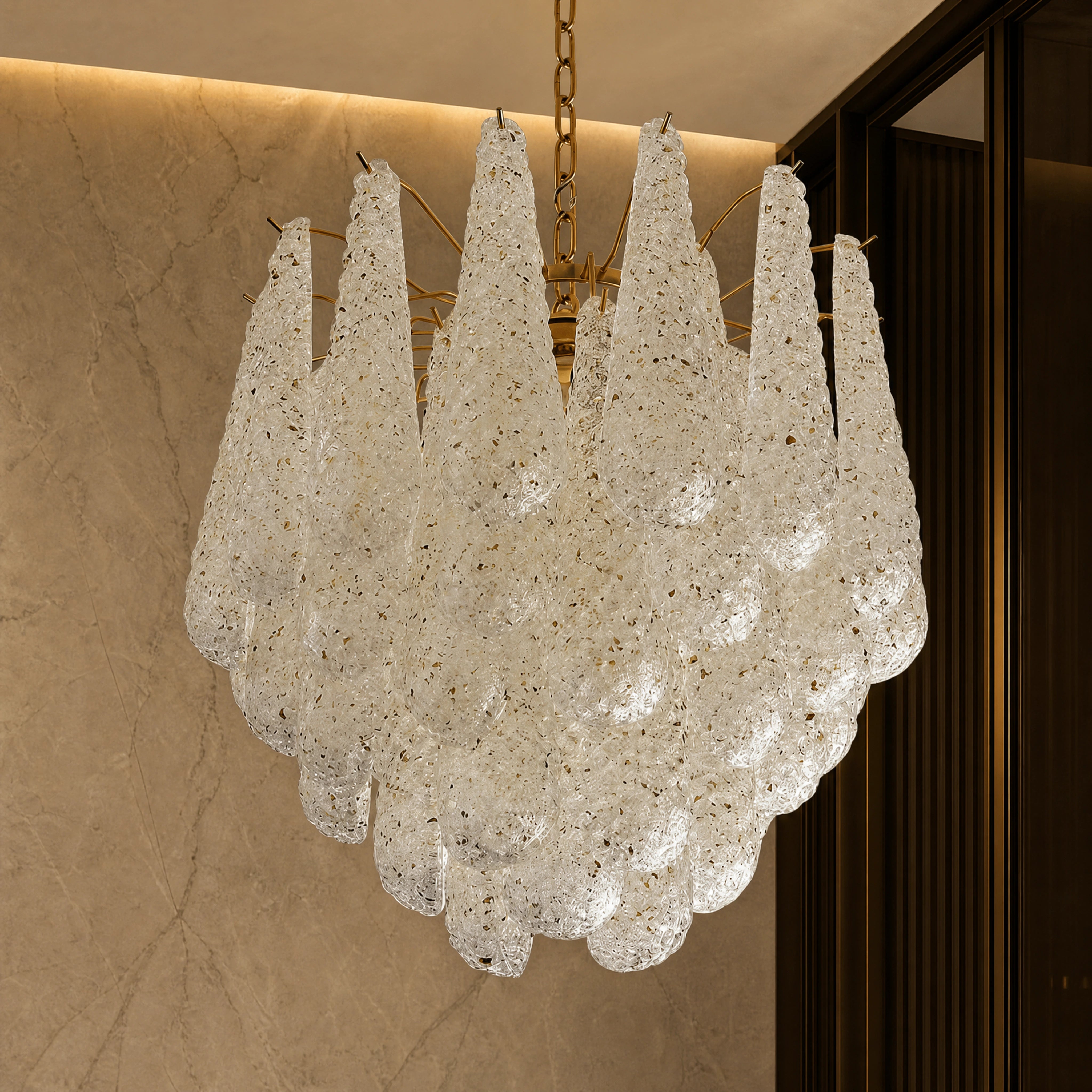 Mirano Conchiglie Murano Shell Glass Circular Chandelier close-up luxury lifestyle hero image by VORELLI