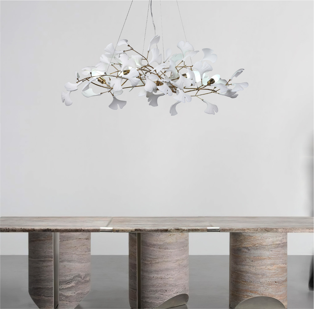 Prano Circular Chandelier III styled above a luxury dining table in a modern interior setting