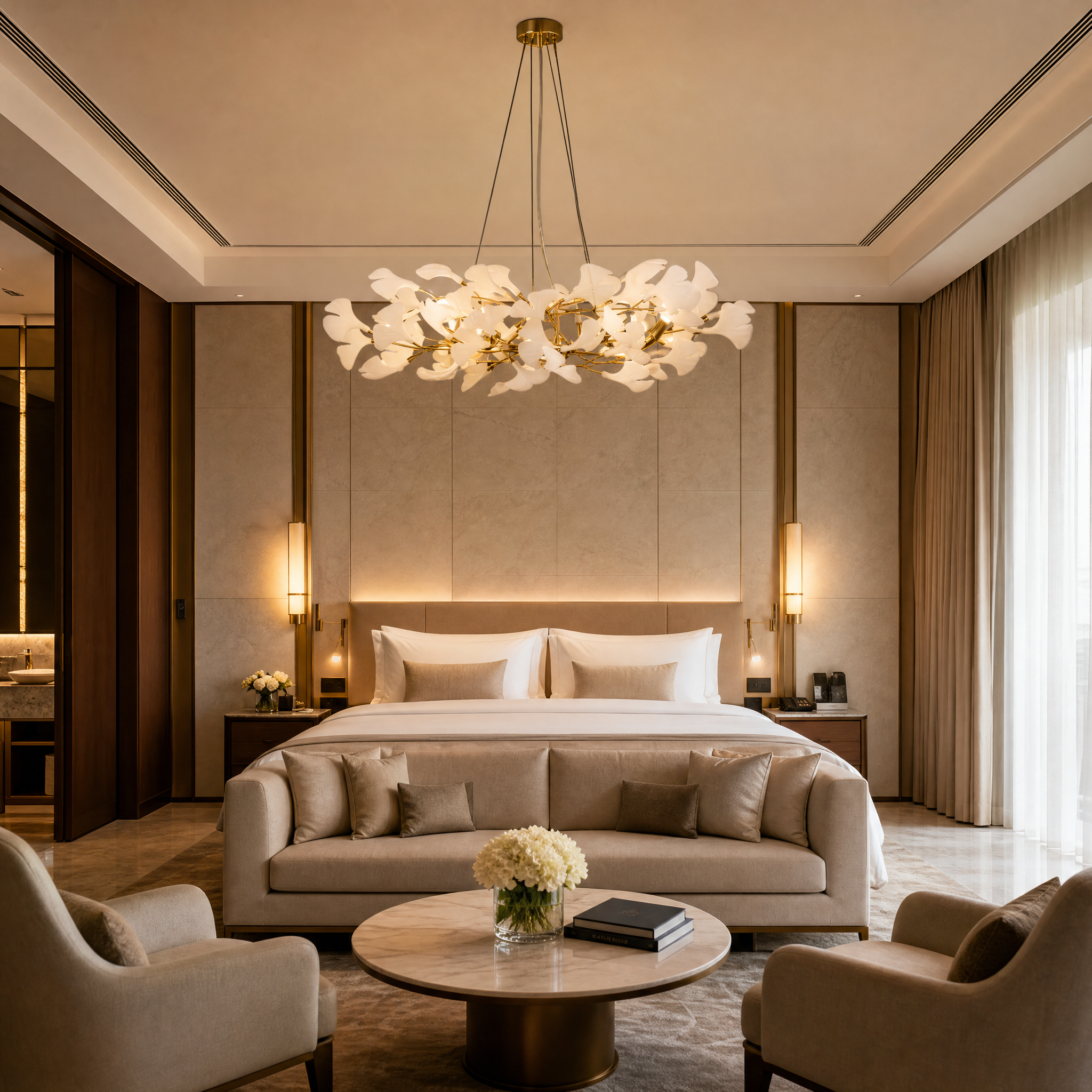An elegant hospitality setting featuring the VORELLI Prano Circular Chandelier III, illuminating a sophisticated hotel lounge with an organic, architectural glow.