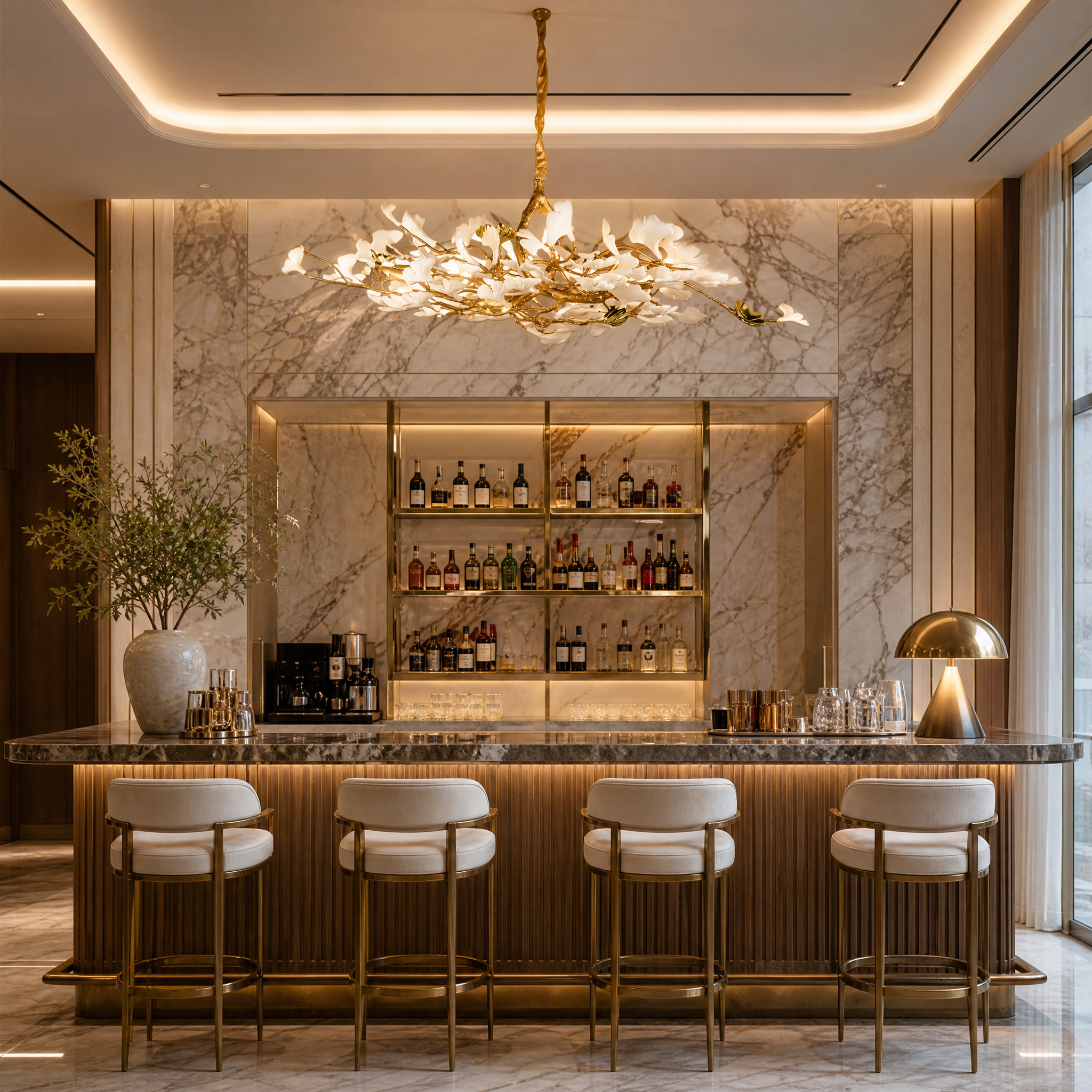 An elongated Prano Rectangular Chandelier II by VORELLI illuminating a high-end luxury hotel reception area with an organic branching form.