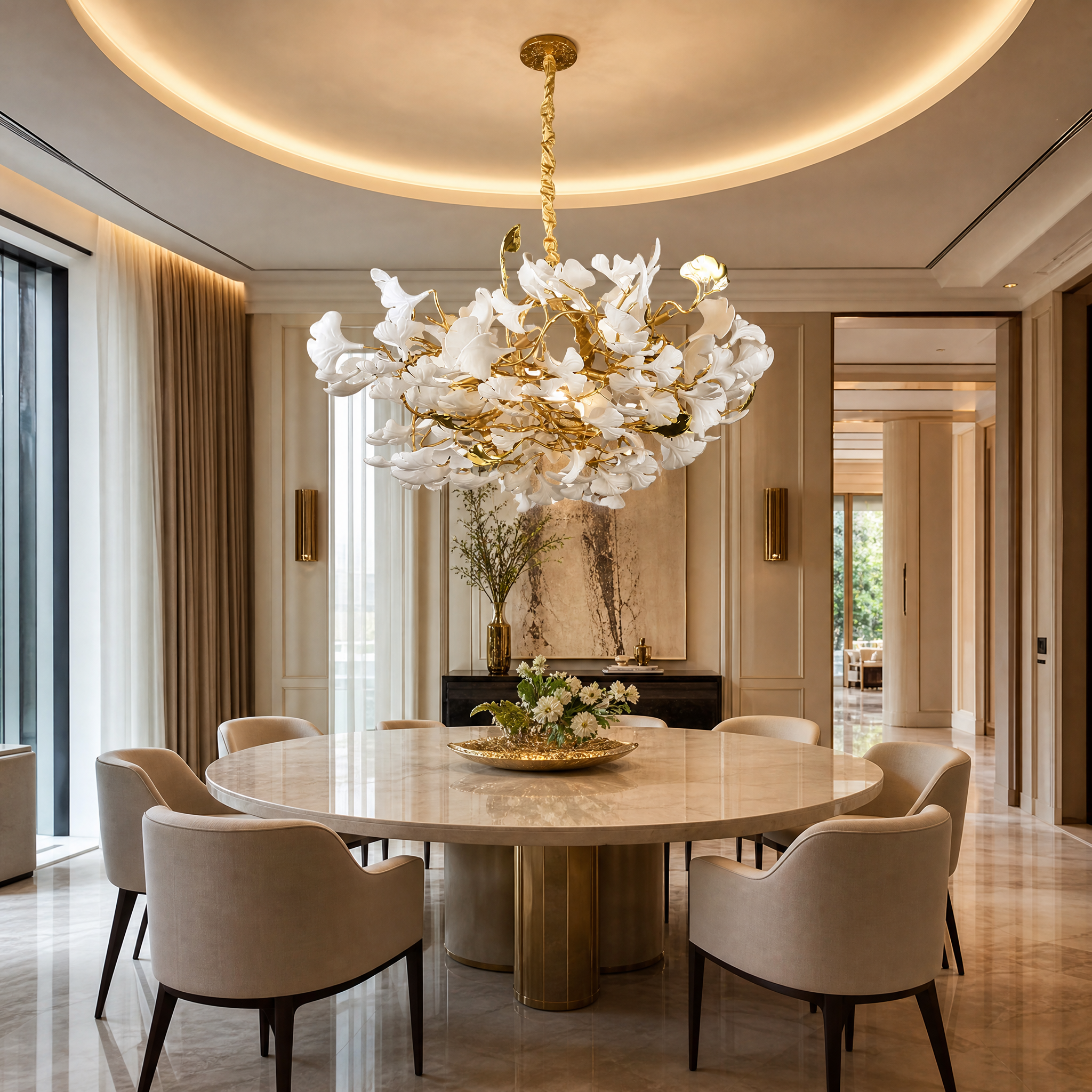 VORELLI Prano modern luxury pendant light with white porcelain petals on a branching gold frame illuminating an upscale residential living room design.