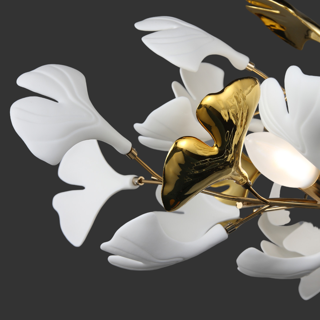 Close-up of sculptural ceramic elements on the Prano Rectangular Chandelier IV