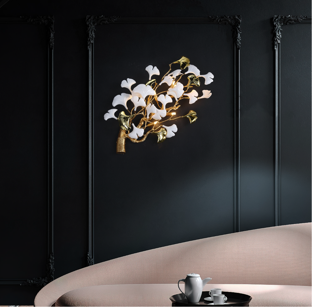 Prano ceramic petal wall light with sculptural gold branch design