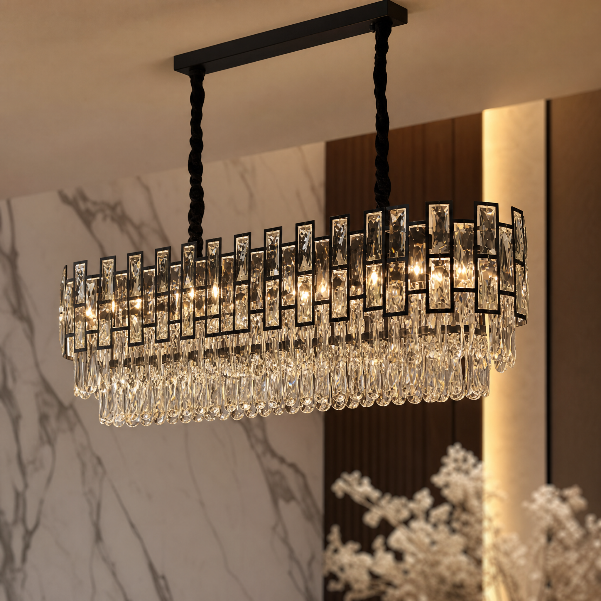Detailed close-up macro shot of the faceted arch crystals on the VORELLI Presidio luxury chandelier.