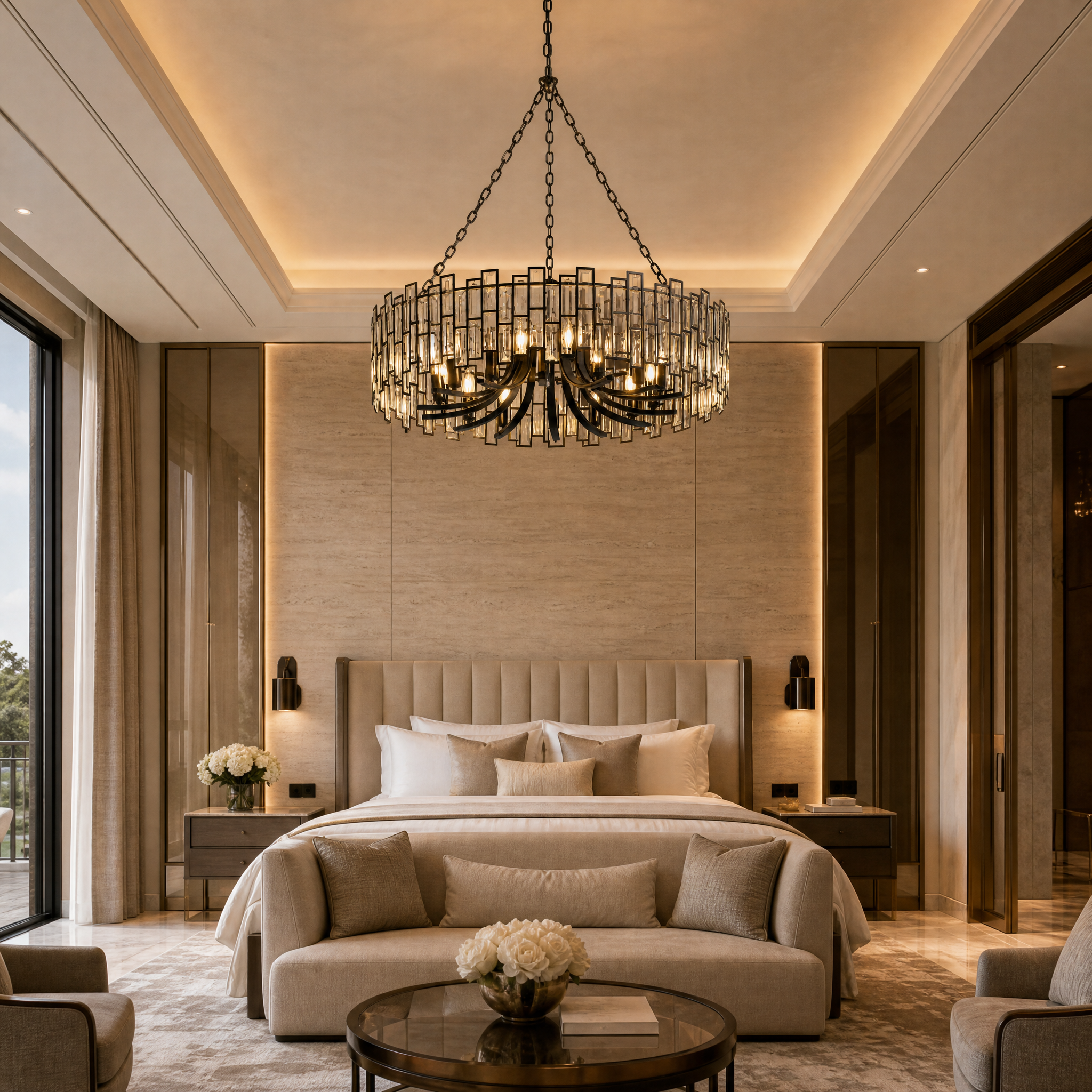 A grand hospitality setting featuring the Presidio Circular Chandelier II by VORELLI, enhancing a sophisticated hotel lobby lounge with its elegant matte finish.