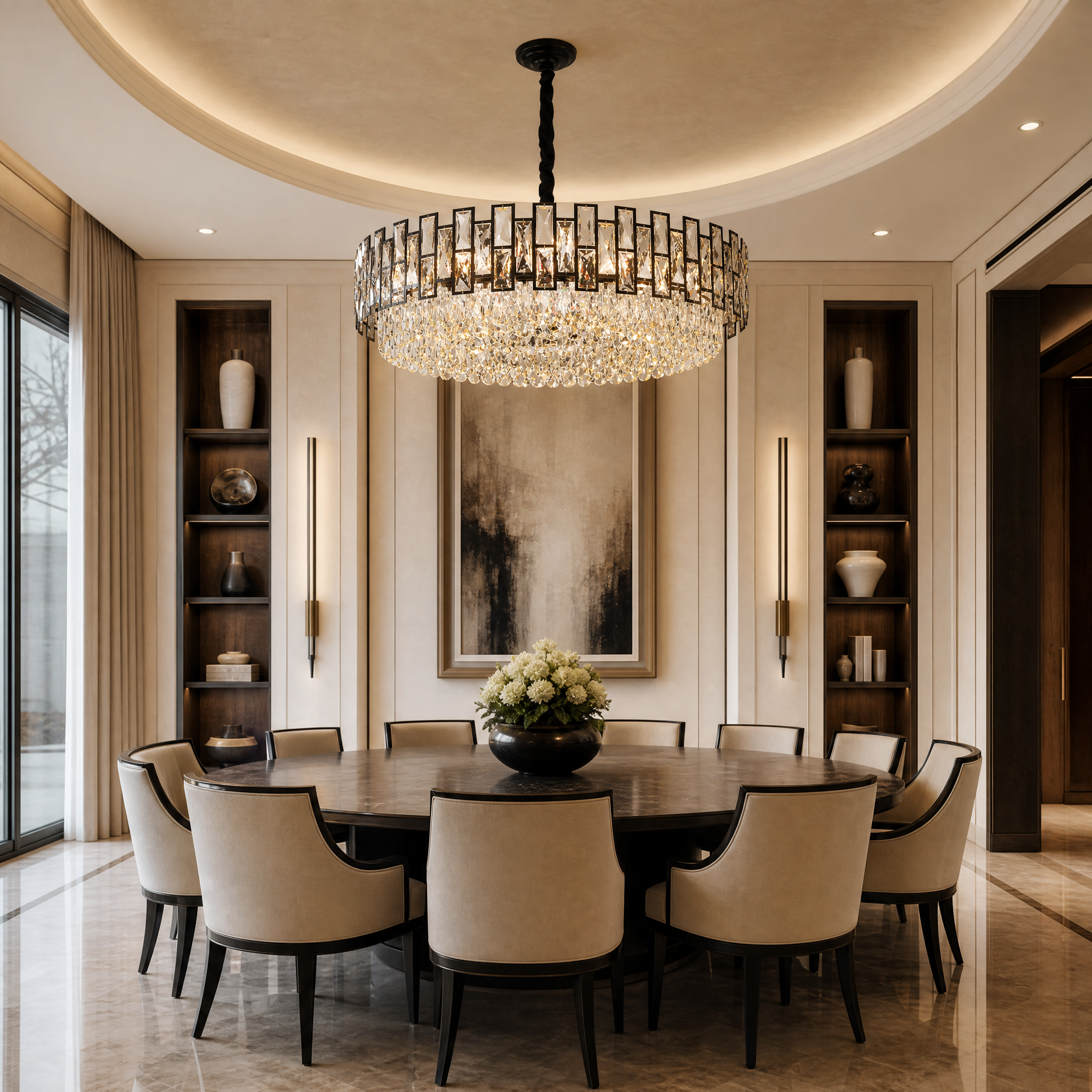 VORELLI Presidio circular crystal chandelier illuminating a sophisticated, luxury residential living room interior with a warm ambiance.