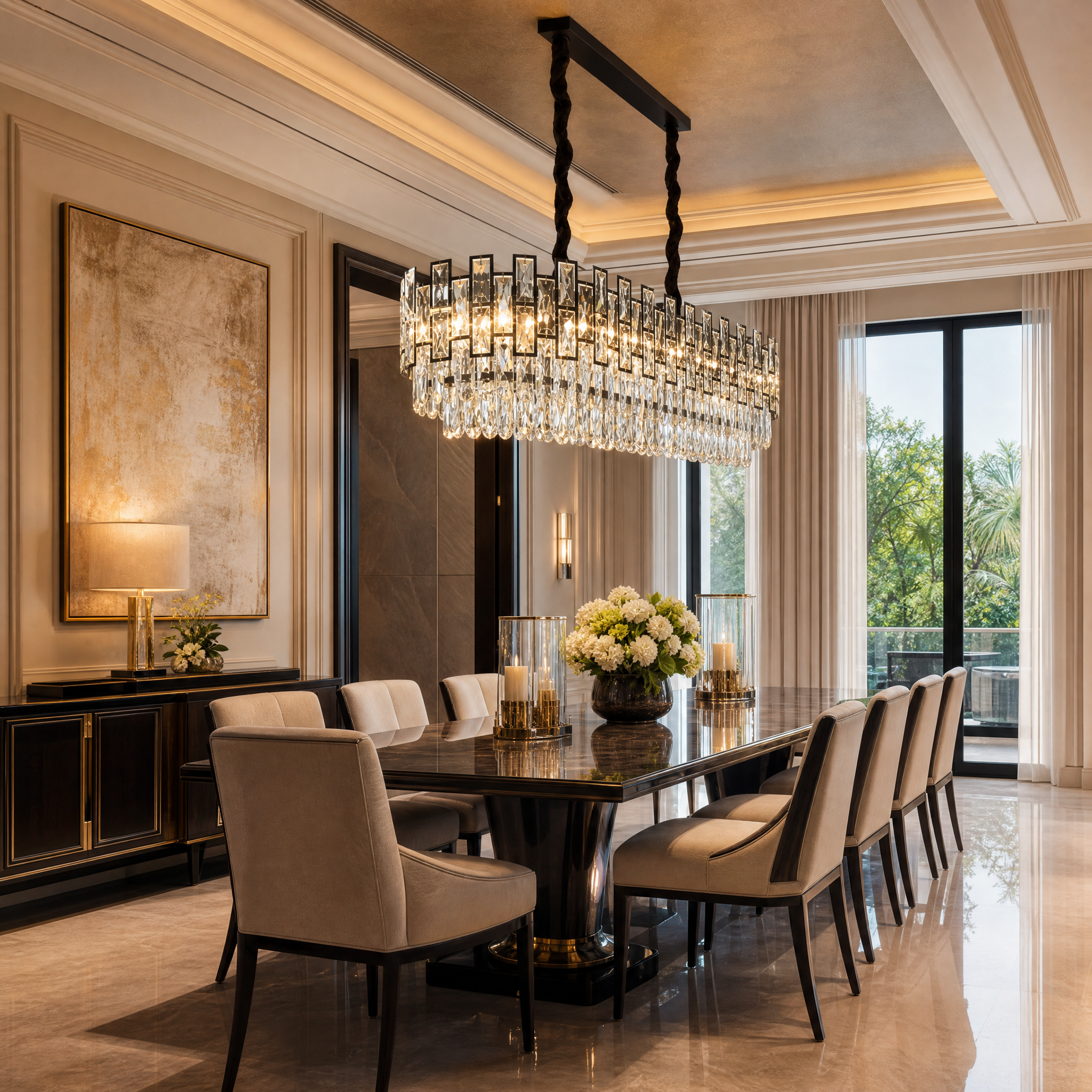 VORELLI Presidio Rectangular Chandelier installed in a luxury residential dining room above a modern table setting.