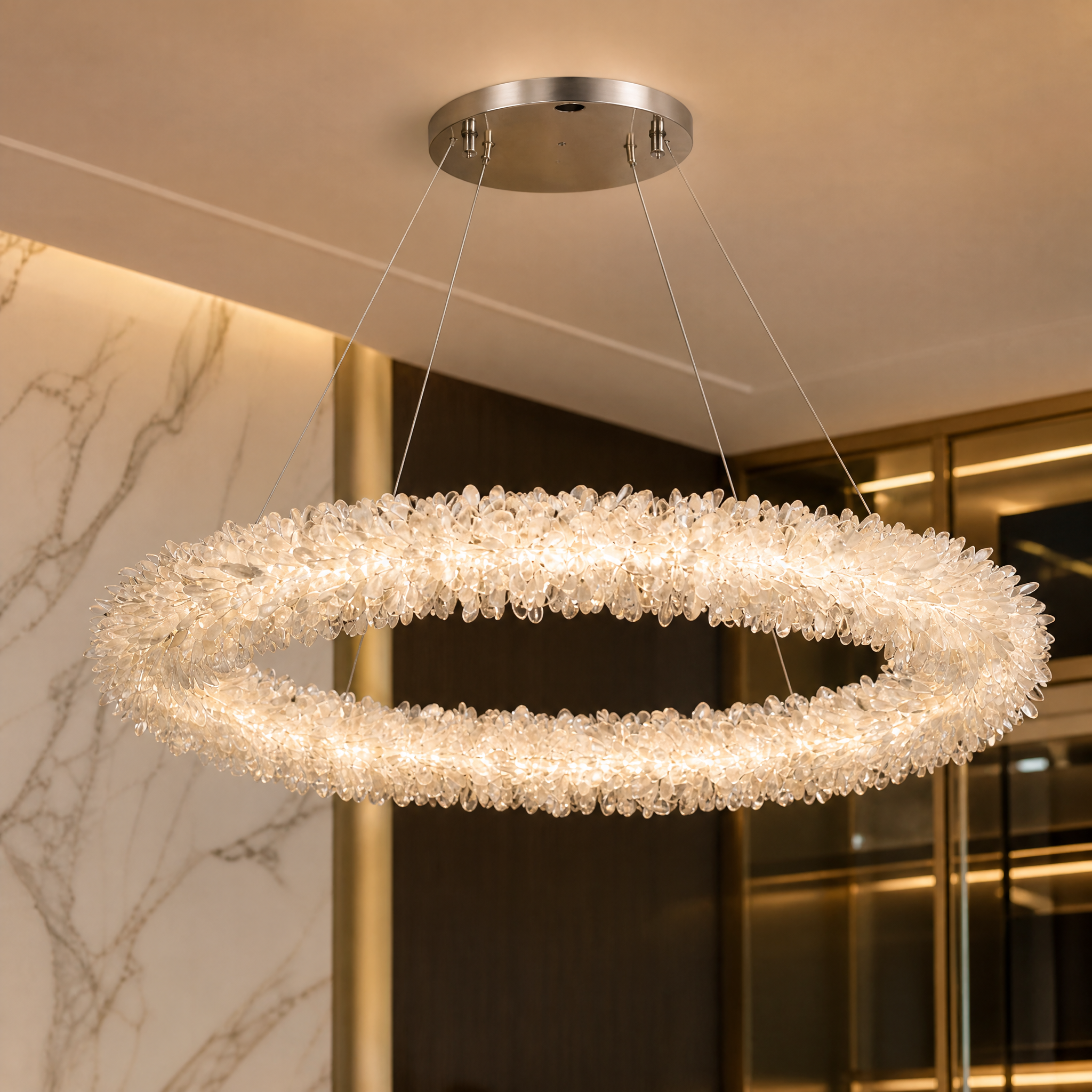 Close-up detail of Vorelli Quartz Circular Chandelier, revealing the natural quartz crystal shards and their intricate, flowing arrangement.