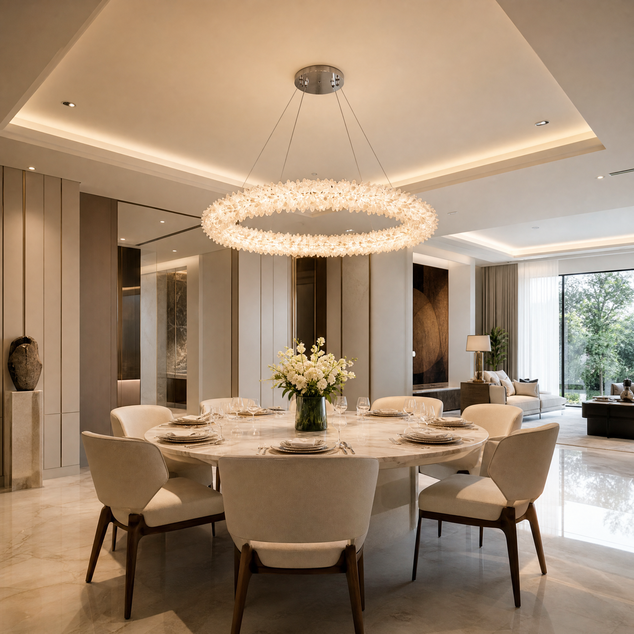 Vorelli Quartz Circular Chandelier enhancing a modern living room with soft, ambient light and its unique organic quartz design.