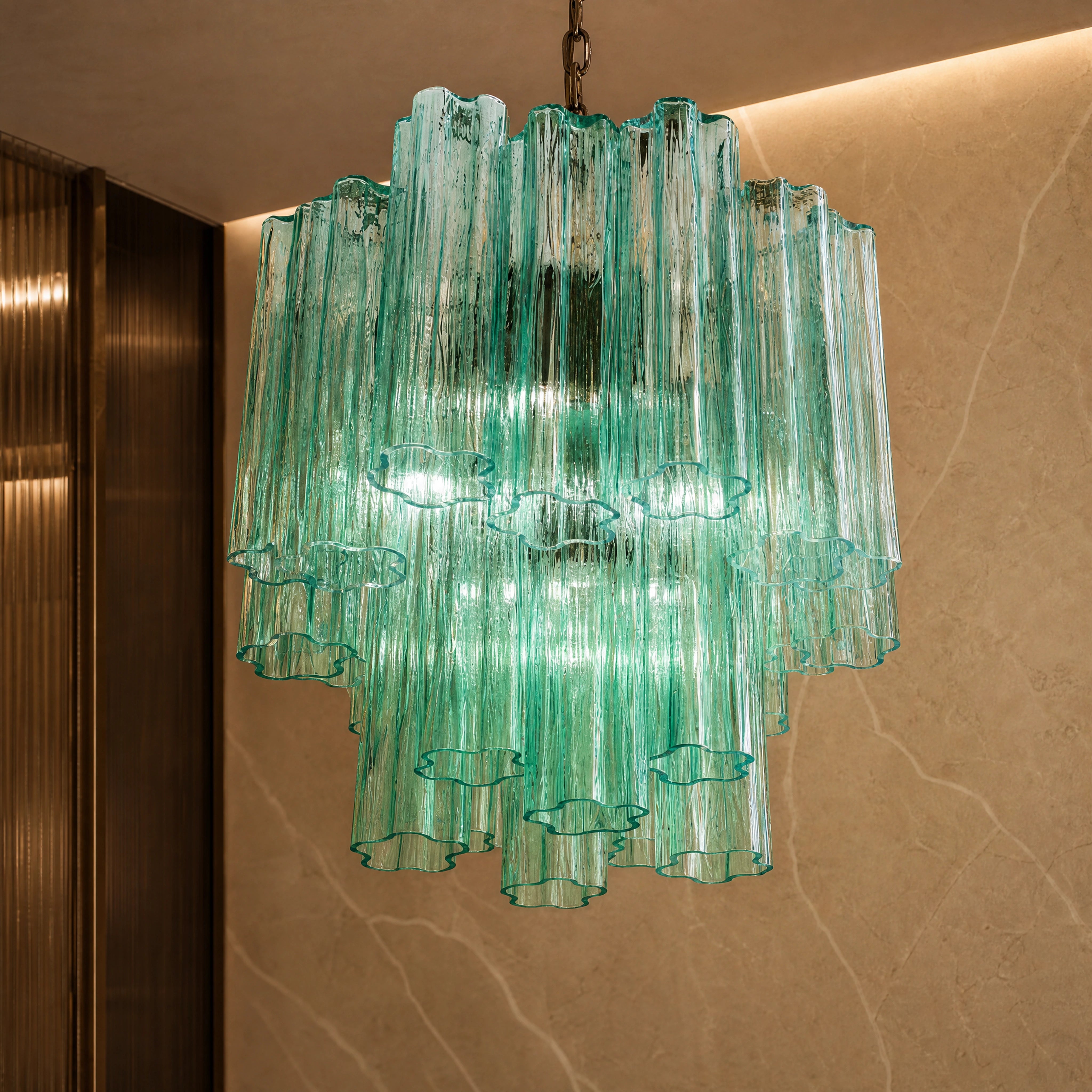 Modica Tronchi Murano Glass Circular Chandelier close-up luxury lifestyle hero image by VORELLI