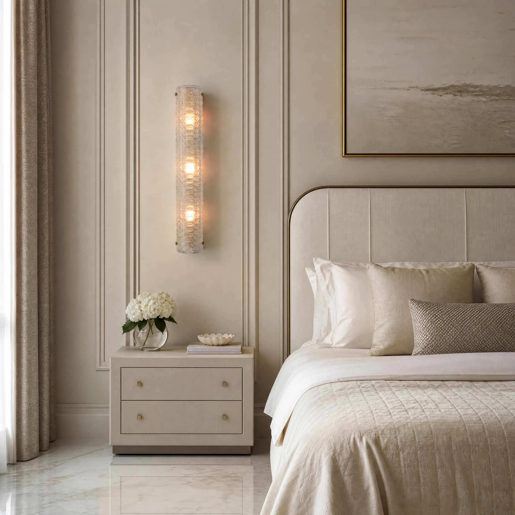 VORELLI Rapino wall light featuring a sea green textured moulded glass shade with brass bolt accents illuminating a modern residential living room wall.