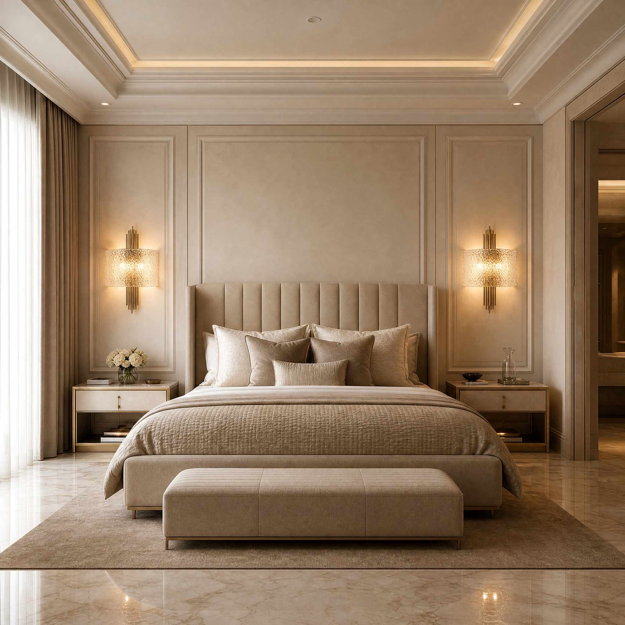 The VORELLI Ravello Wall Light illuminating an elegant residential living room, casting a warm glow through its textured crystal shade.
