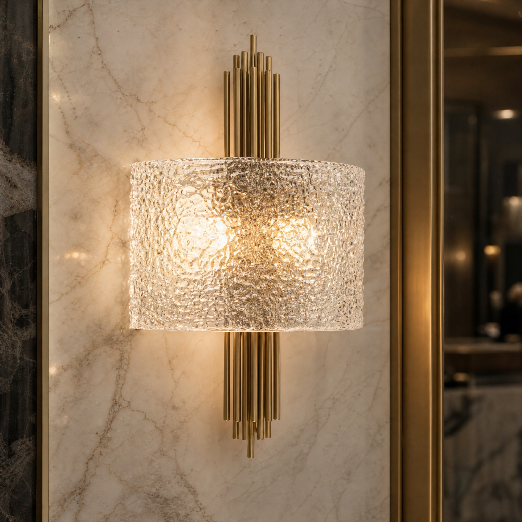 A detailed closeup of the VORELLI Ravello Wall Light, showcasing the sleek metal rods and intricate texture of the hammered glass shade.