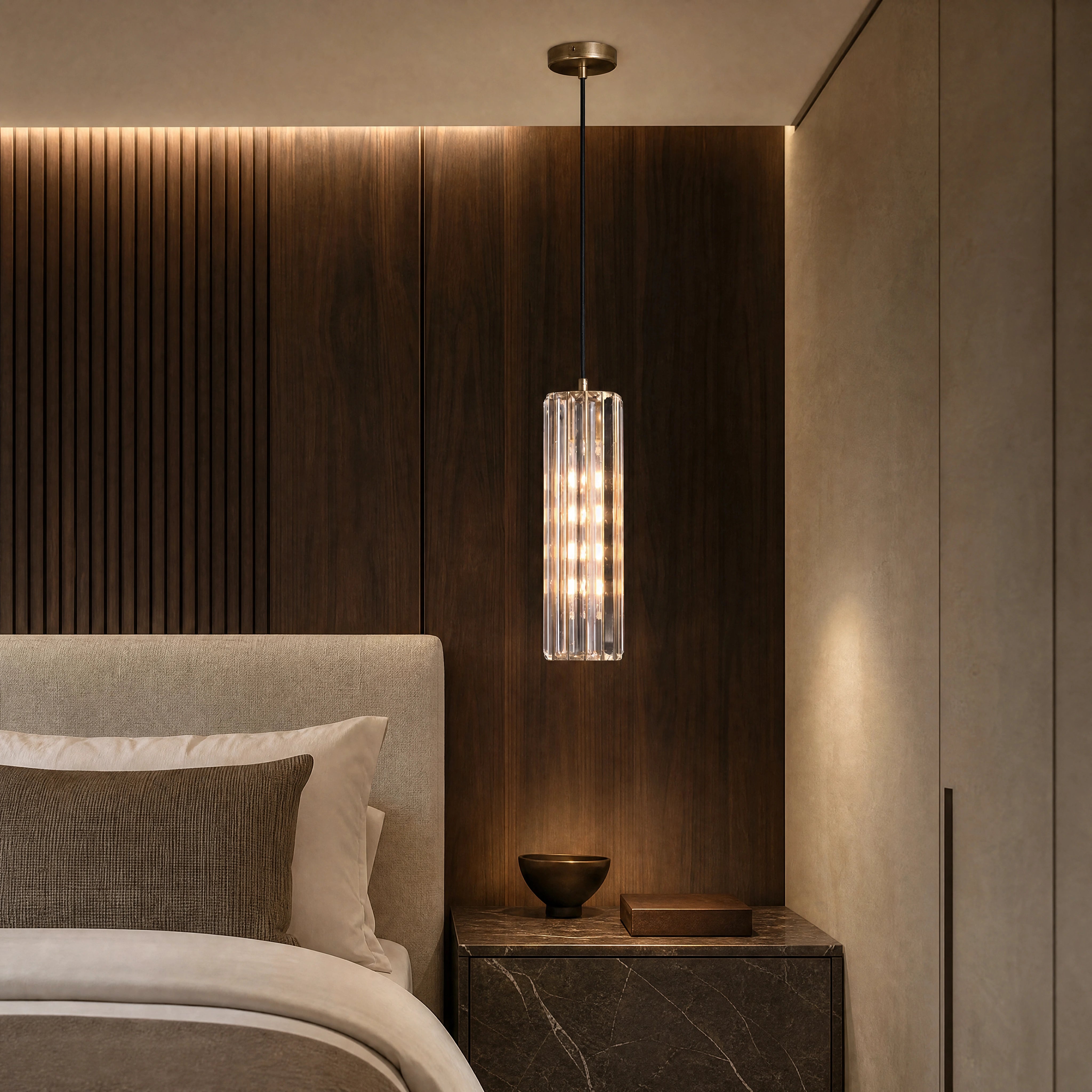 Regano Brushed Bronze Crystal Single Pendant close-up luxury lifestyle hero image by VORELLI