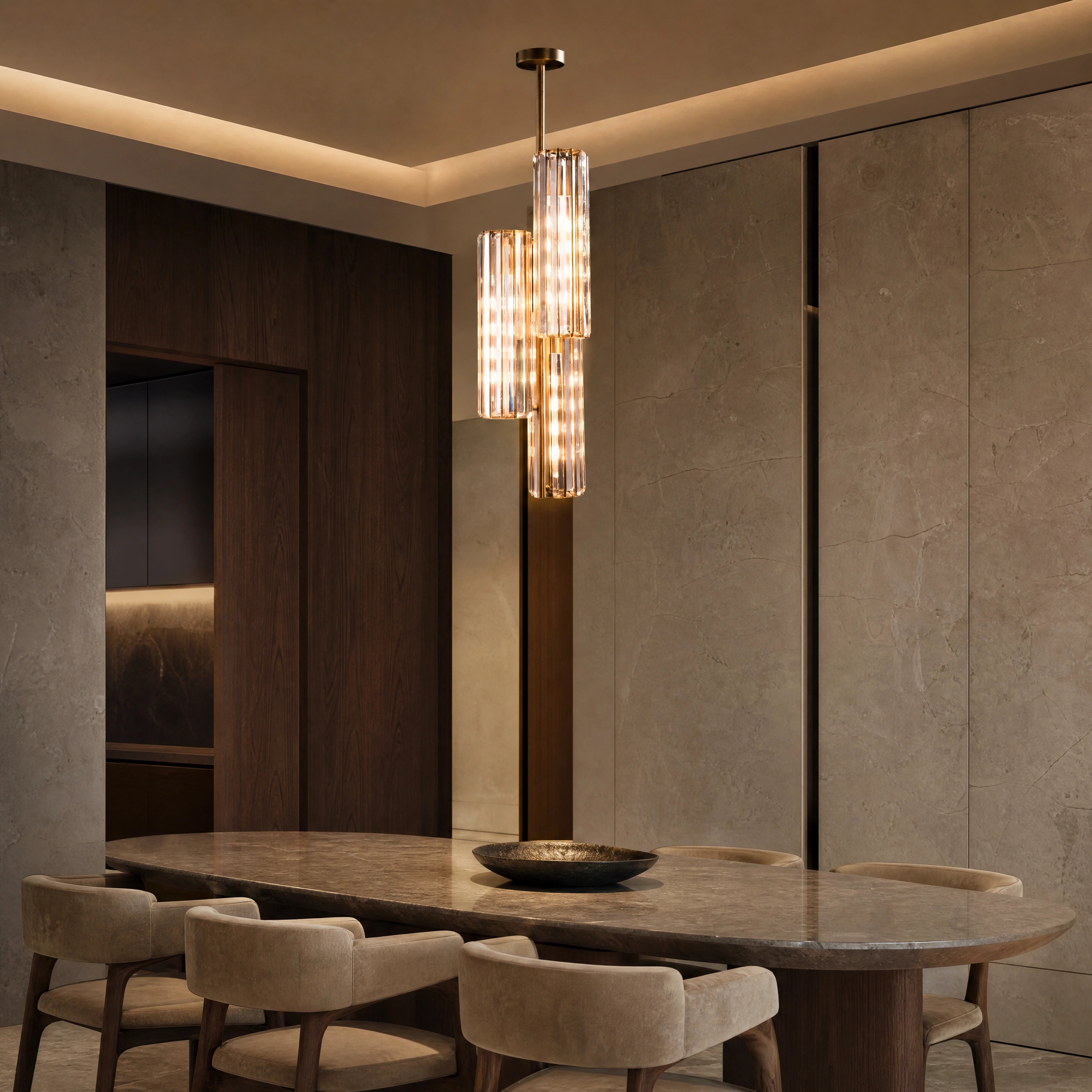 Regano Triple Bronze Crystal Pendant UHNW private residence luxury lifestyle image by VORELLI