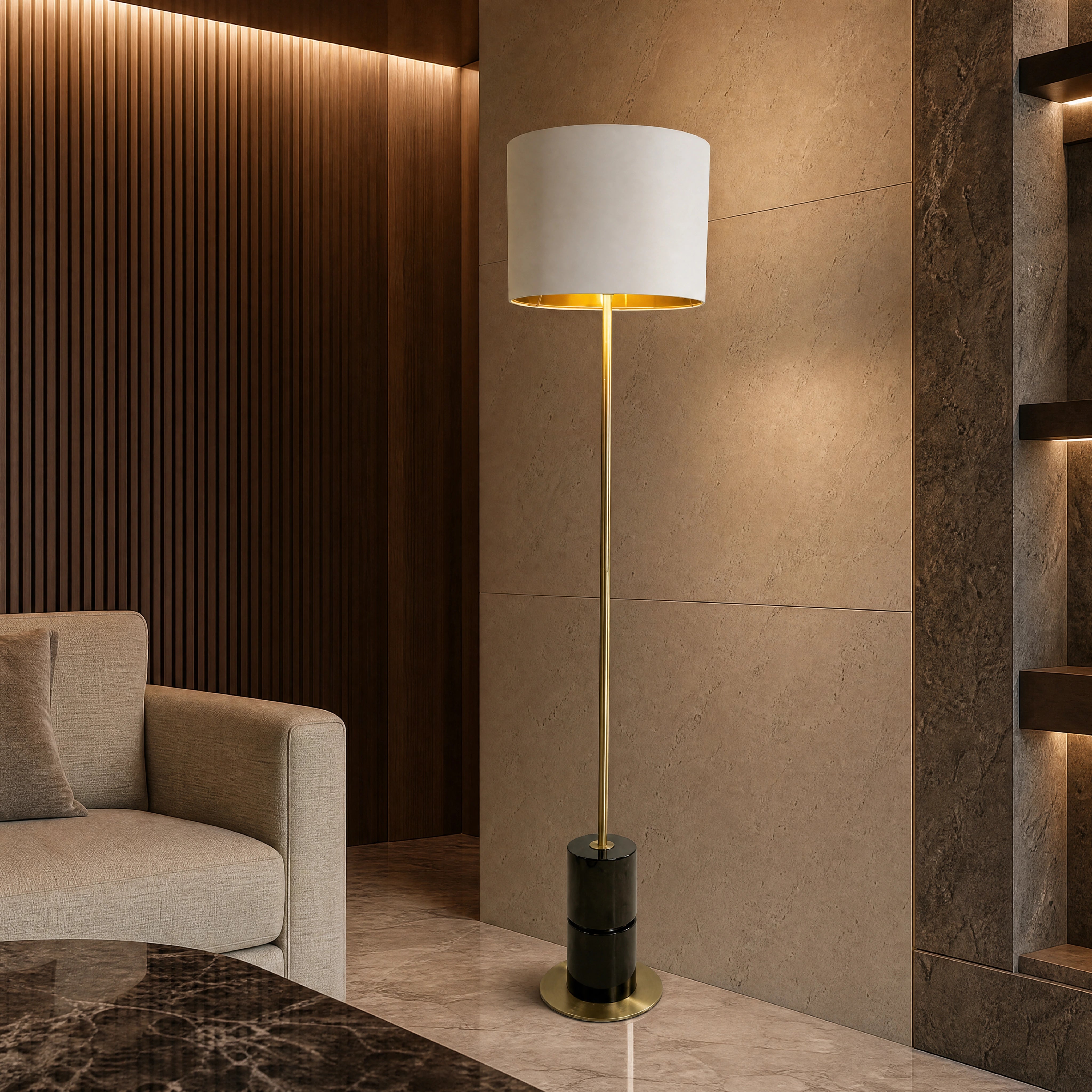 Revona Black Marble Base Floor Lamp close-up luxury lifestyle hero image by VORELLI